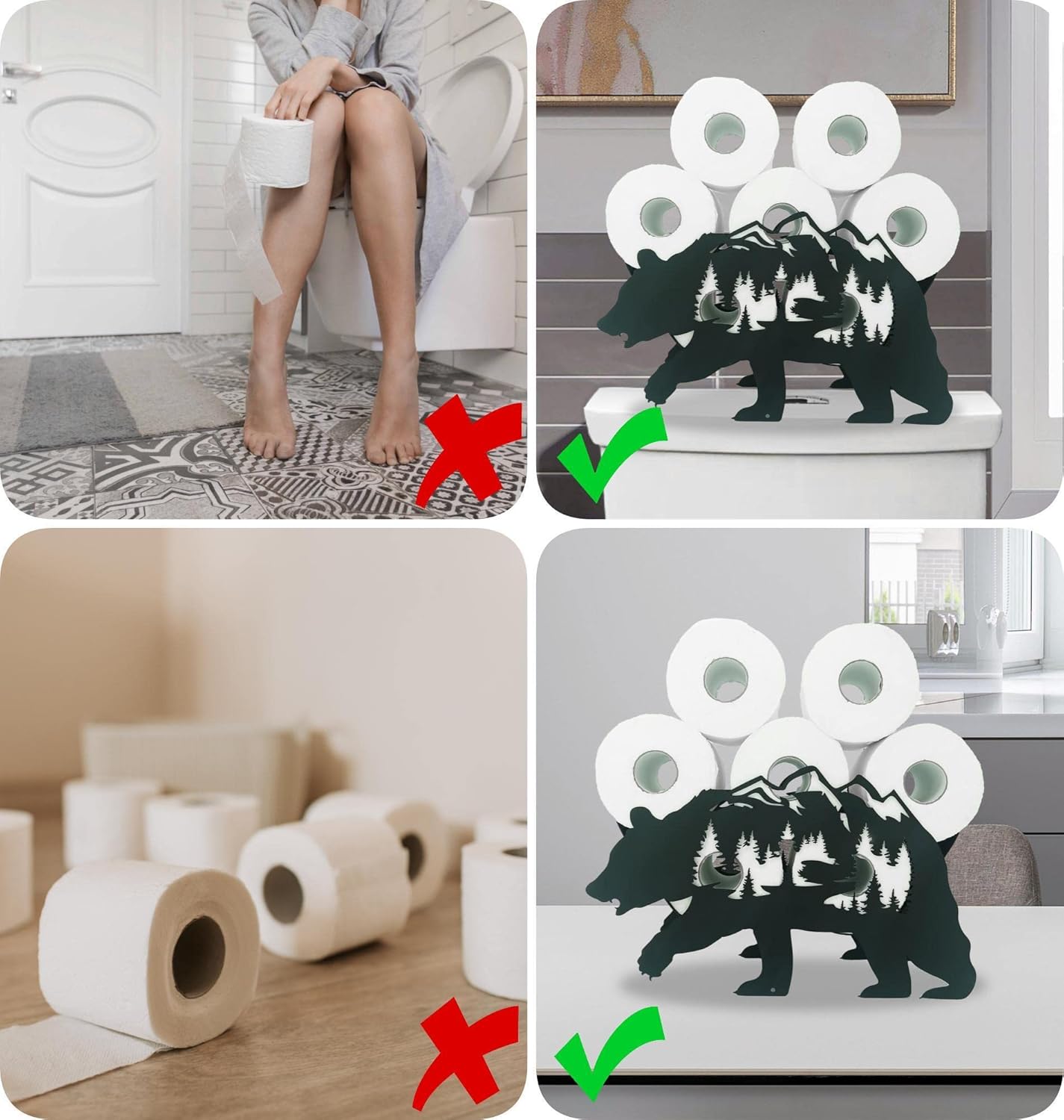 Metal Bear Paper Holders,Funny Black Animals Paper Storage Holders Stand for Indoor Bathrooms Kitchen,Novelty FreeStanding Toilet Rolls Storage Fit 8 Rolls,Practical and Convenient
