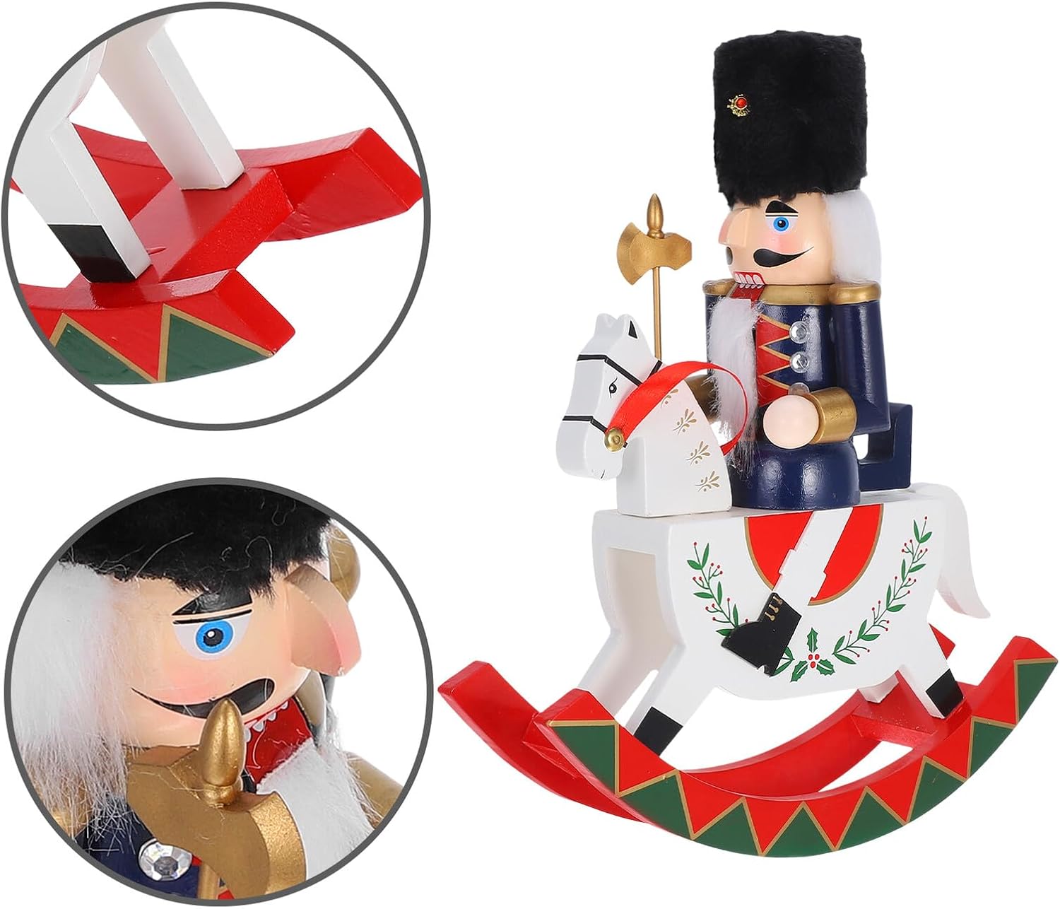 Wooden Nutcracker Christmas Figurine Rocking Horse Ornament Mini Festive Shelf Decor for Holiday Tables and Party Decorations