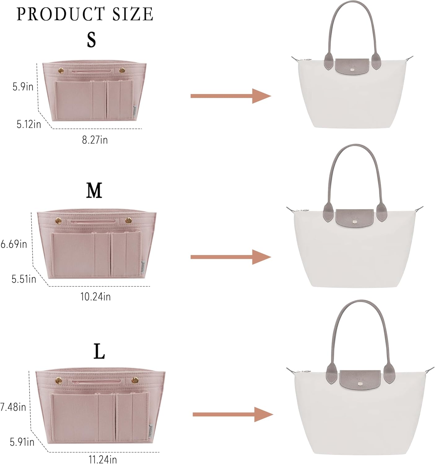 Vercord Purse Organizer Insert for Long champ Felt Organizer Insert with Zipper Handbag Insert Tote Shaper Storage Bag Beige L