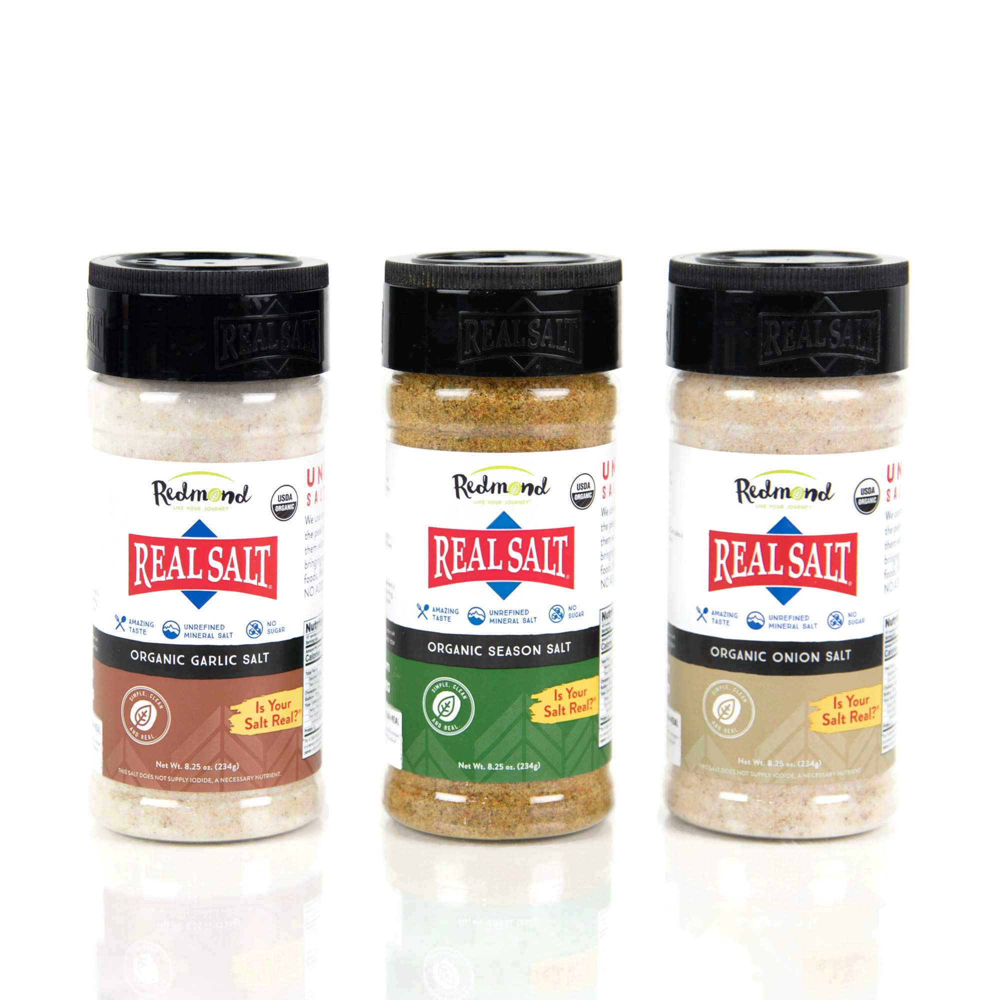 Real Sea Salt - Natural Unrefined Organic Gluten Free, Seasoning 8.25 Ounce Shaker bundle (Onion, Season, Garlic)