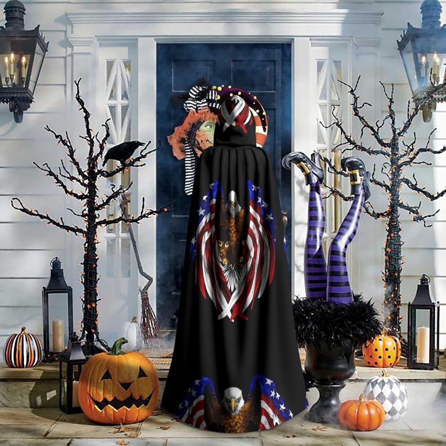 Usa Flag Patriotic Eagle Men Women Halloween Role Play Party Decoration Hooded Poncho Black