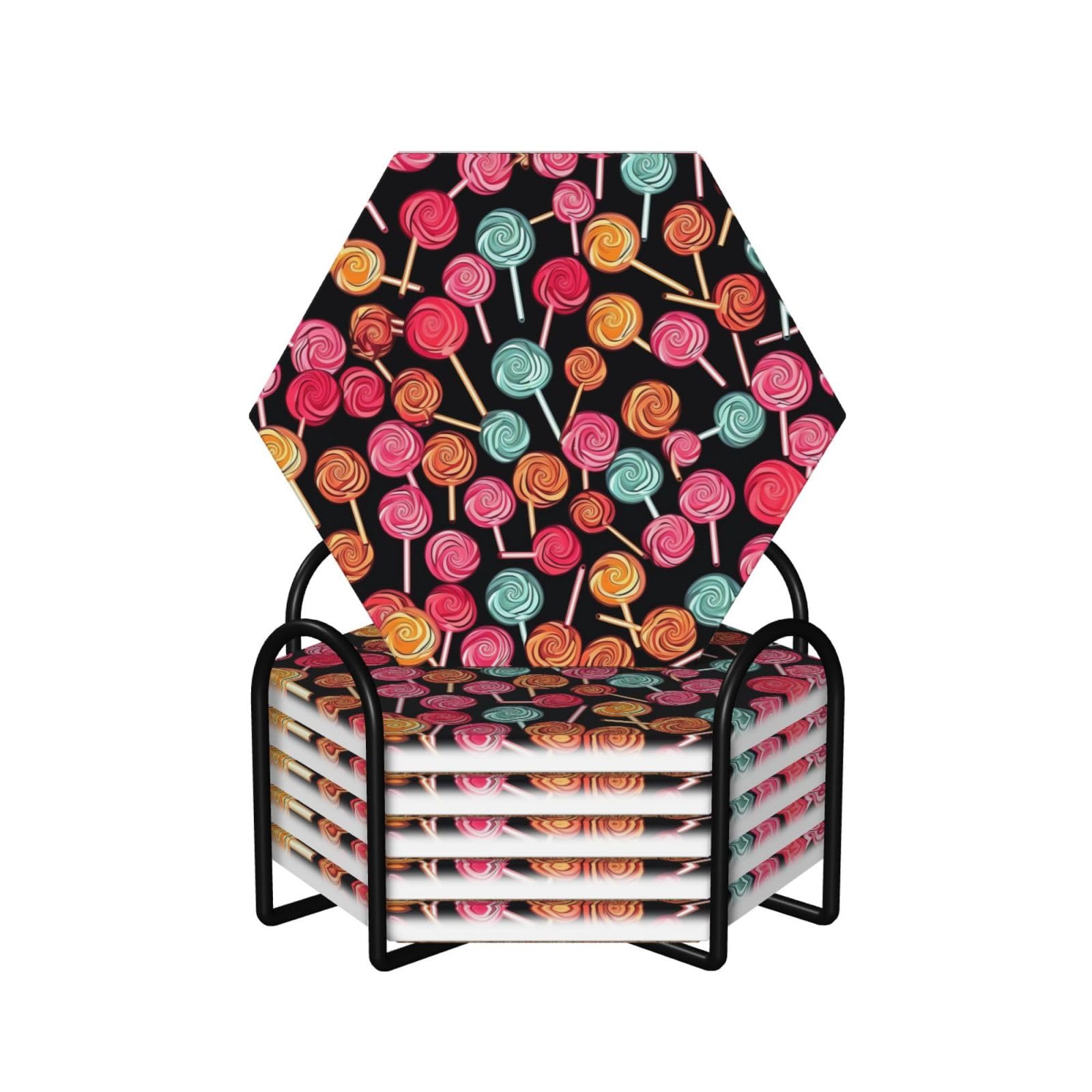 Dessous de verre en céramique lot de 6 motif sucettes avec support en liège