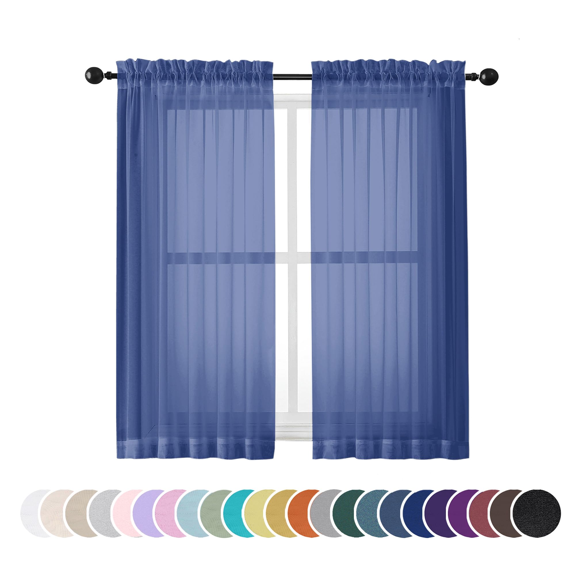 OWENIE Sheer Curtains 54 Inch Length 2 Panels Set, Royal Blue Clear Sheer Short Curtains for Small Window, Light Filtering Rod Pocket Curtain Sheers, 2 Pcs 84 Width 54 Long, Royal Blue