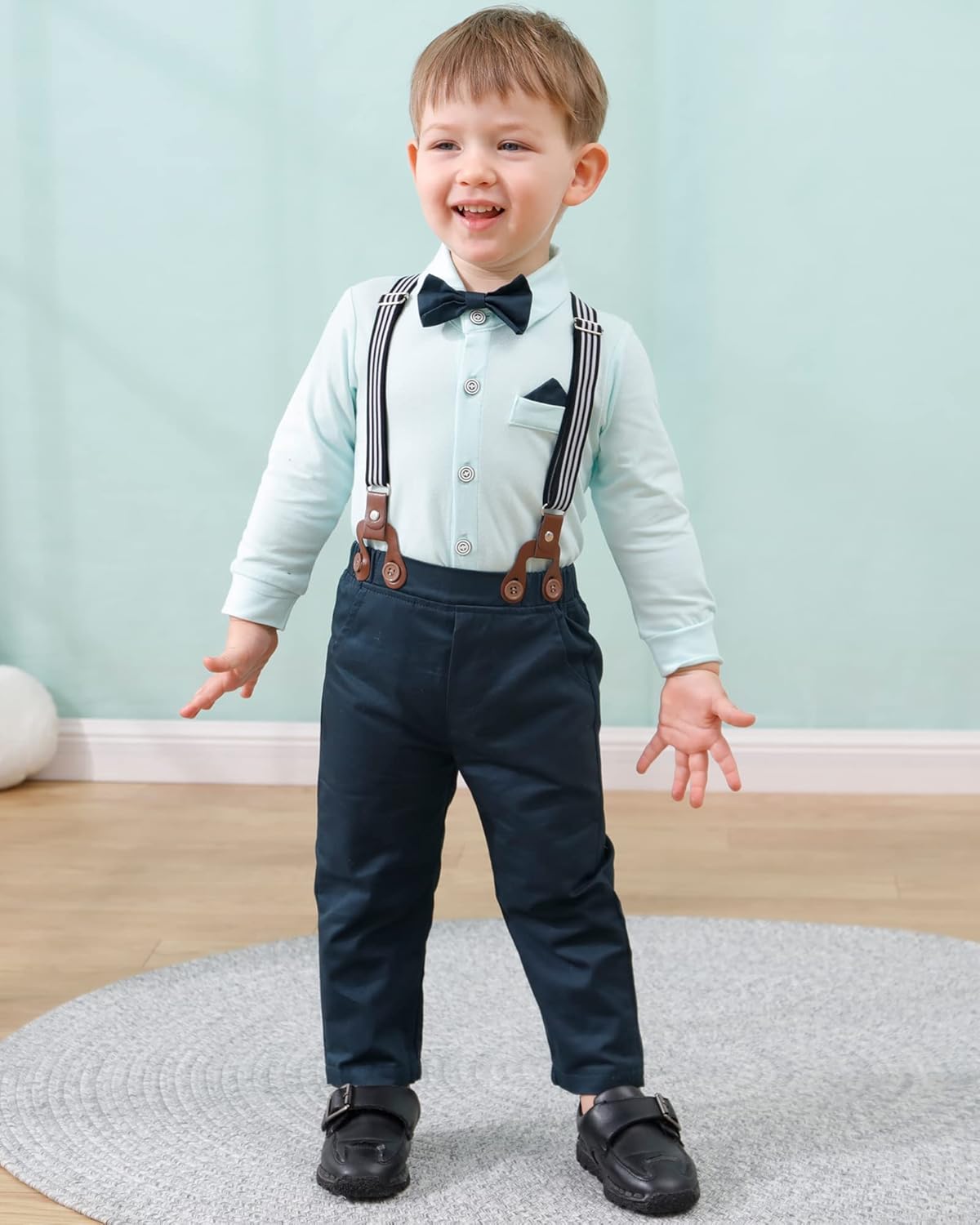 DISAUR Baby Boy Clothes Suits 4PCS Gentleman Outfit Dress Romper Beret Hat Suspender Pants Bow Tie Wedding Set - Image 2