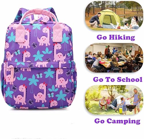 Vista 7 de Linda mochila preescolar para niños pequeños, bolsa de viaje con correa para el pecho (12 pulgadas, dinosaurio femenino)