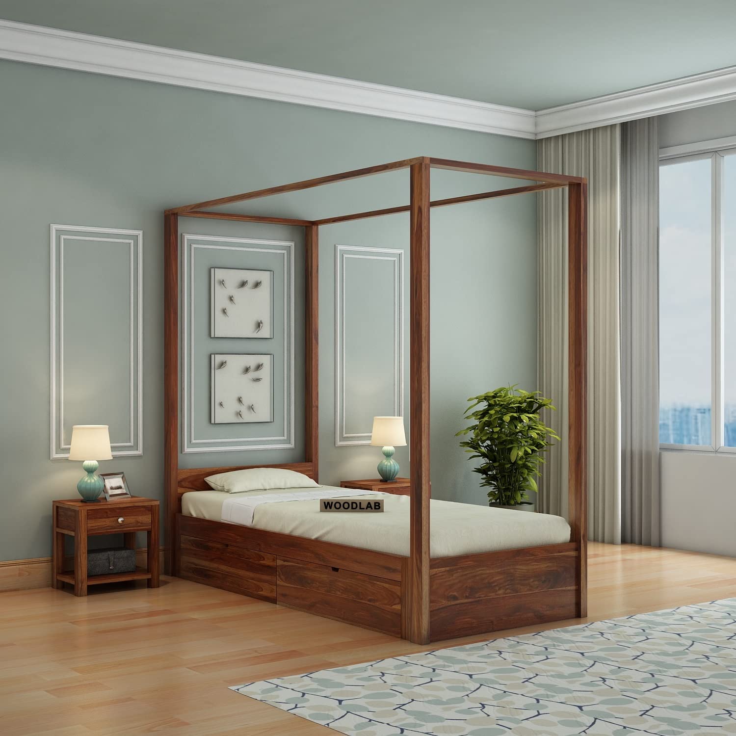 WOODLAB Sheesham Wood Single Size Poster Bed with 2 Drawer Storage for Bed Room Living Room Home Wooden Palang Solid Wood Bedroom Furniture for Hotel (Natural Finish)-image-49