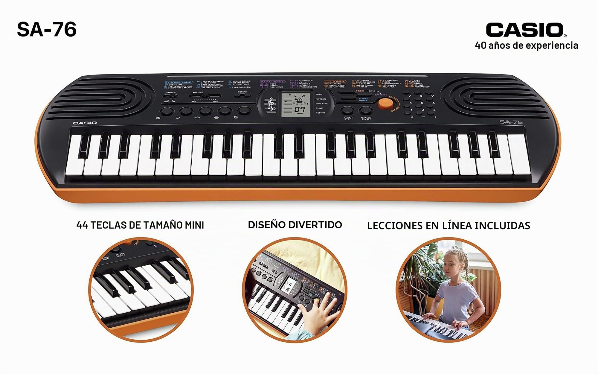 CASIO SA-76H7 - Teclado electrónico, color negro y naranja