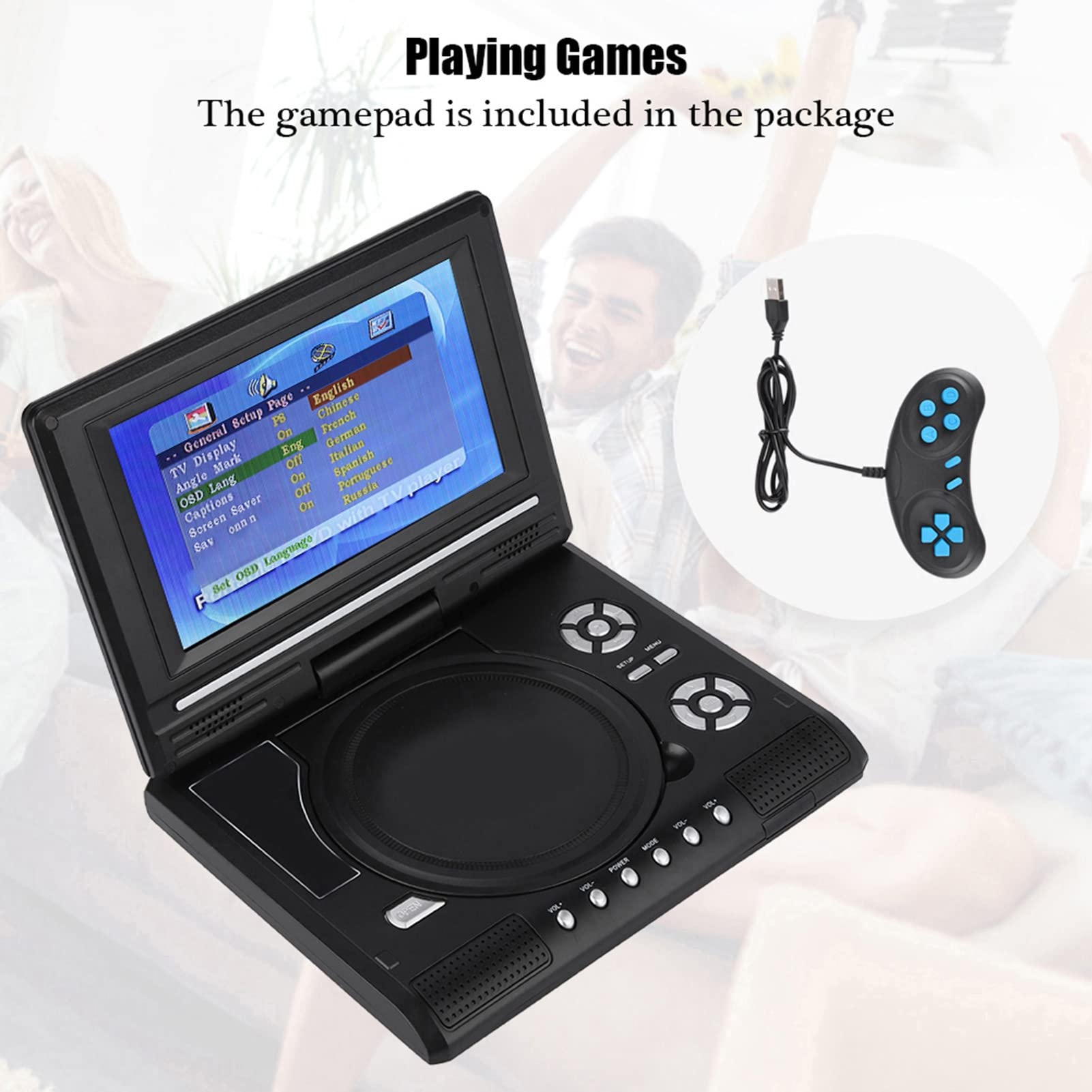Reproductor de DVD Portátil de 7 Pulgadas, Rotación de 270 Grados Reproductor de DVD Mini Reproductor de TV Compatible con AVI EVD DVD SVCD VCD CD CD R RW, etc. (EU)