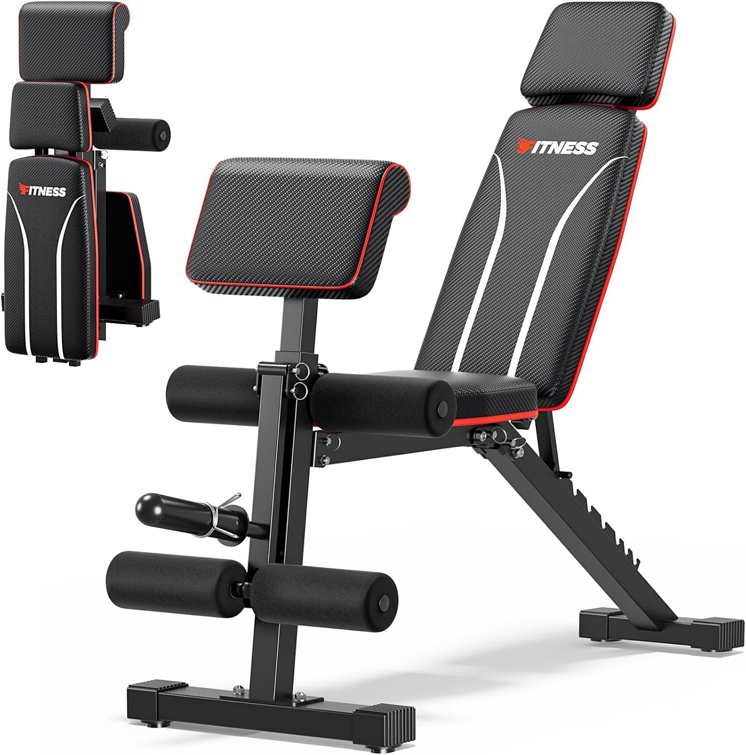 XDDIAS Klappbar Hantelbank, 10-fach Verstellbare Fitnessbank mit Beinstrecker & Curlpult, Multifunktion Trainingsbank für Schrägbank Flachbank für Home Gym Krafttraining, Platzsparende Hantelbank