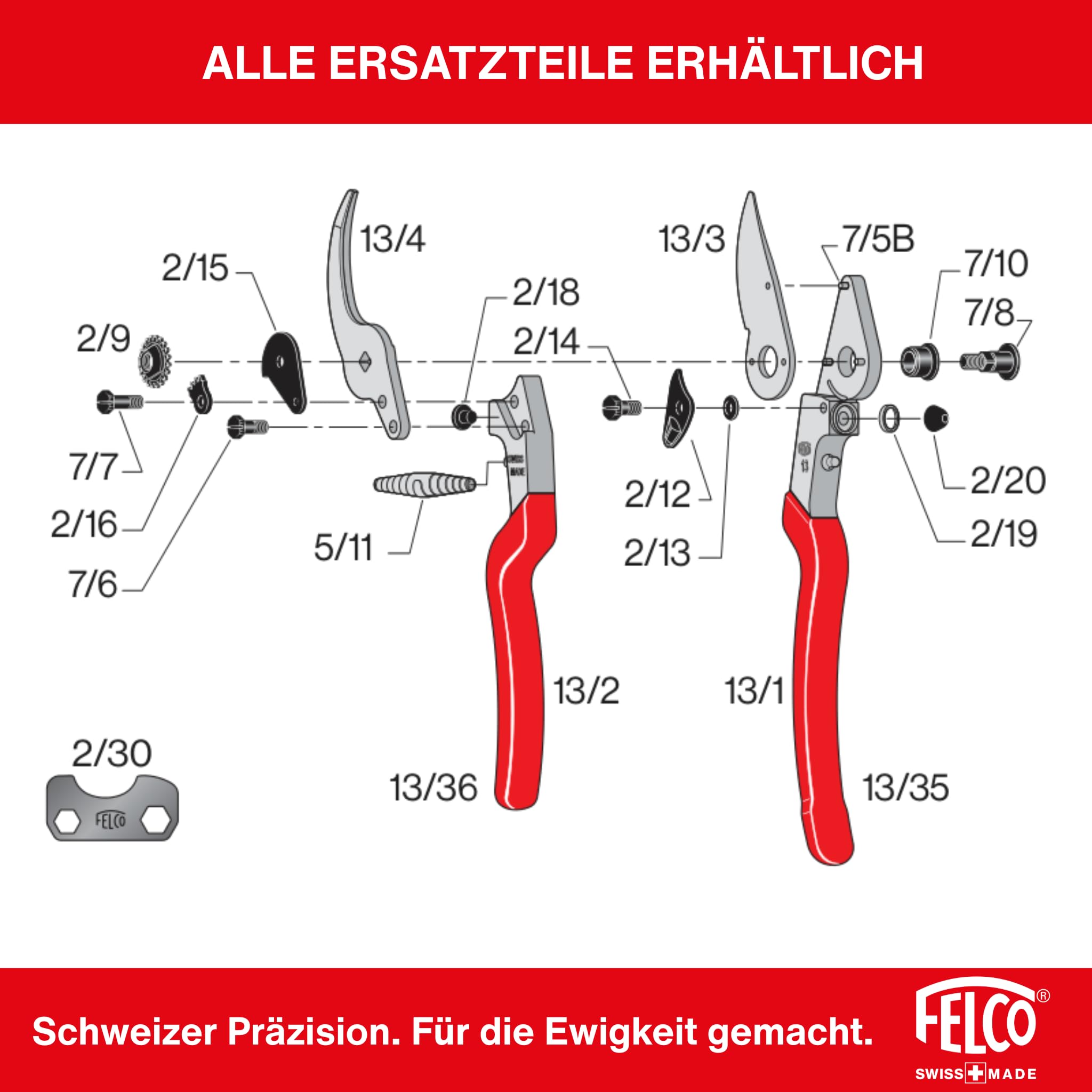 FELCO 13 Bypass-Gartenschere für Rechtshänder, große Hände, 55 mm Klinge, Schnitt bis 30 mm, verlängerter Griff für beidhändige Nutzung, ergonomisch, Swiss Made