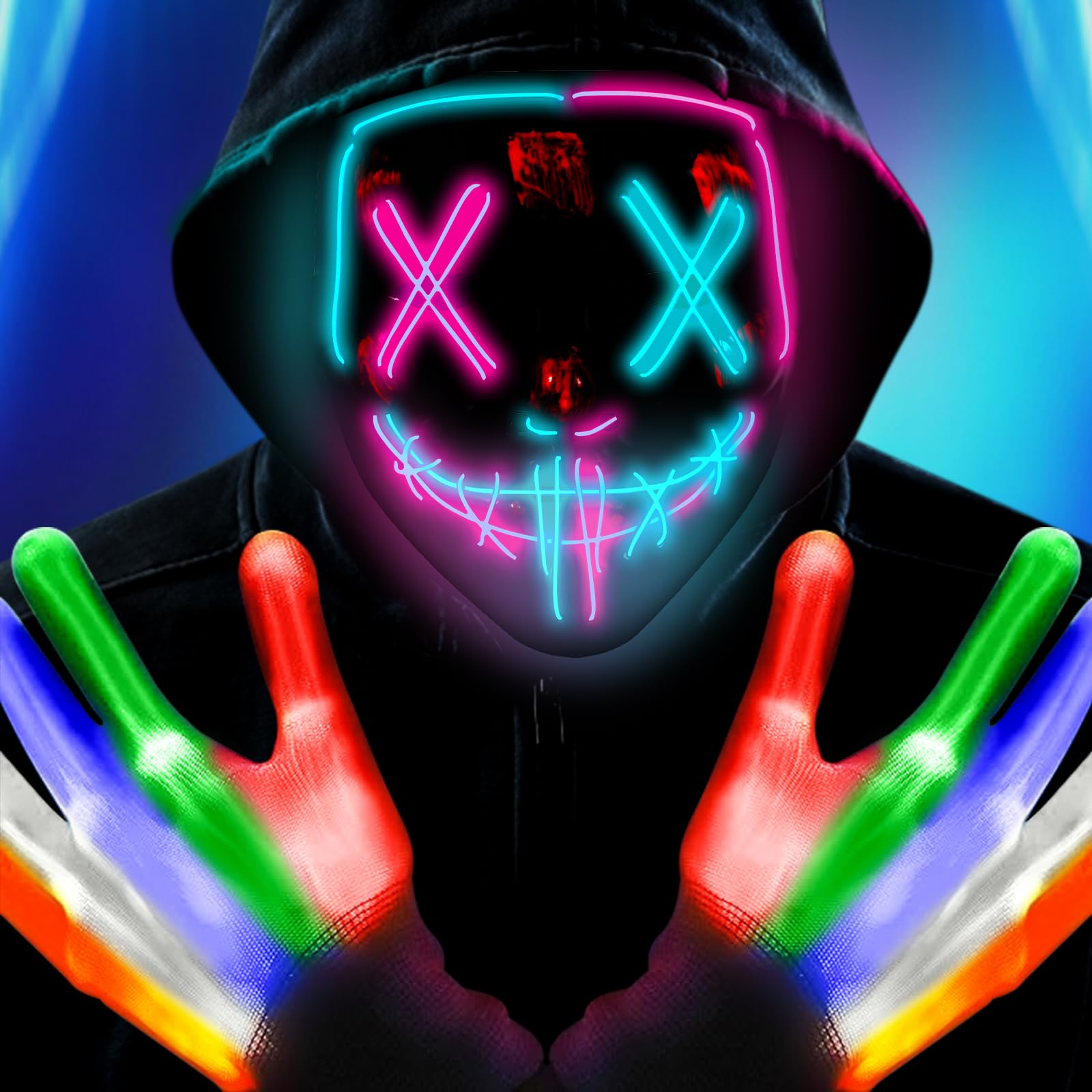 AOUVT Máscara de Calavera y Guantes LED, Máscaras de Neón para Hombres, Mujeres, Niños y Adultos, Disfraz Perfecto de Halloween