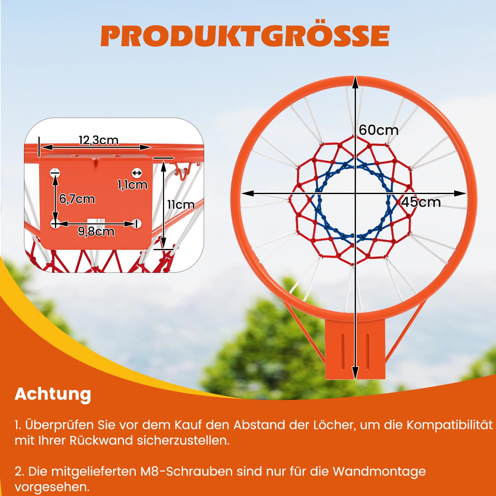 GYMAX Basketballkorb Wandmontage Ø45 cm, Basketballnetz mit stoßdämpfende Federn & wetterbeständiges Netz, Basketballring für Innen & Außen