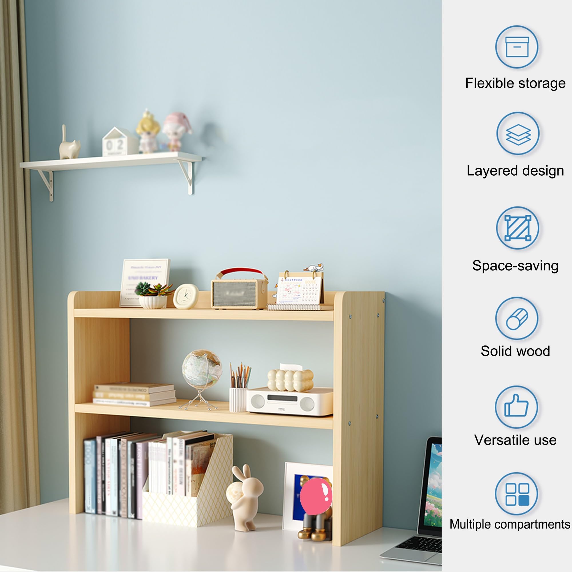 Etagere Rangement Bois à 2 Niveau Etagere Bureau a Poser sur Bureau pour Dortoir Maison(60x20x60cm)
