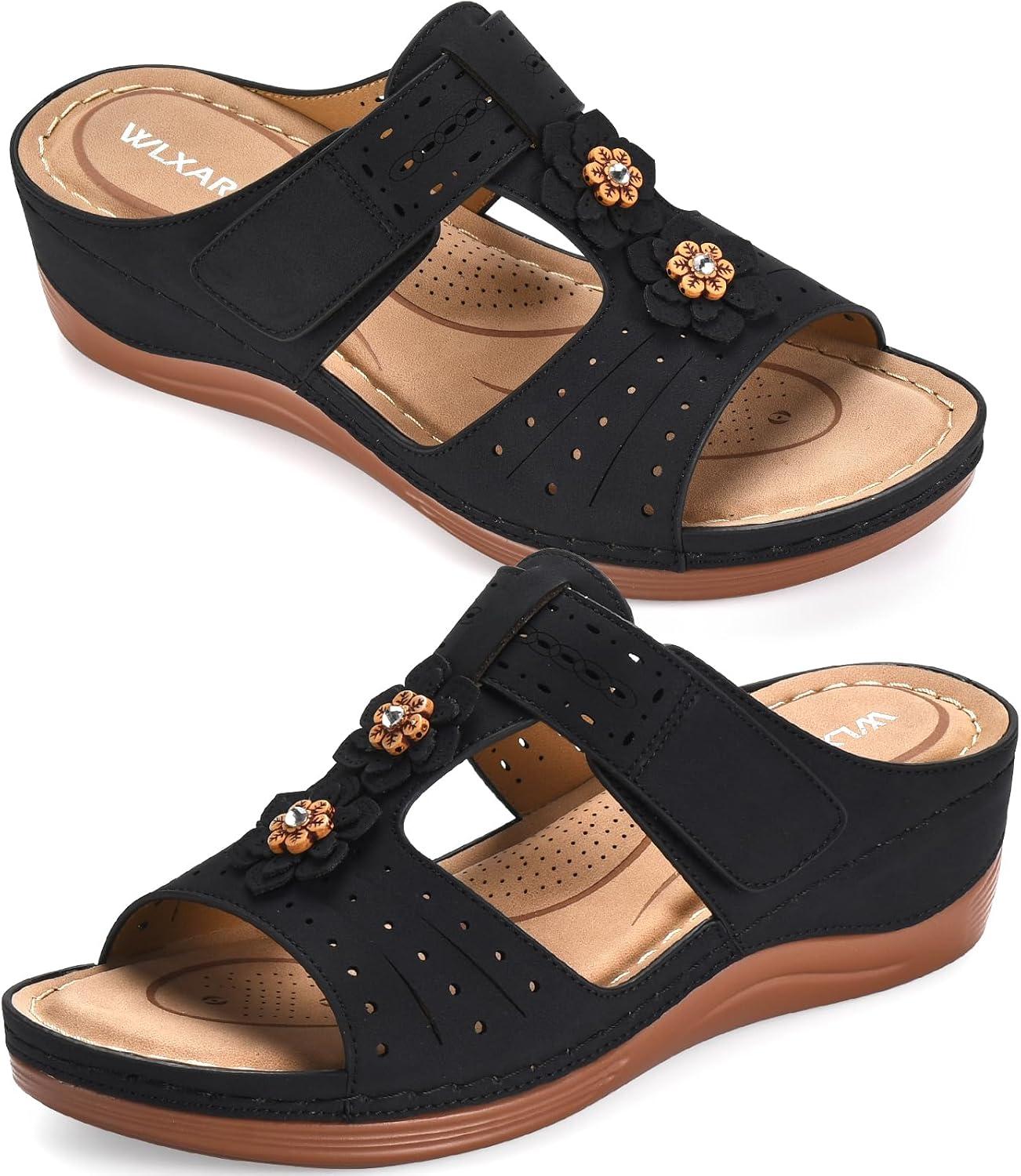 Women's Wedge Platform Sandals Arch Support Adjustable Strap Summer | Open toe slide, PU upper, floral accents, cushioned footbed, lightweight wedge, hook-loop strap, rubber outsole.