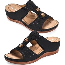 Womens Wedge Platform Sandals Arch Support Adjustable Strap Summer | Open toe slide, PU upper, floral accents, cushioned footbed, lightweight wedge, hook-loop strap, rubber outsole.