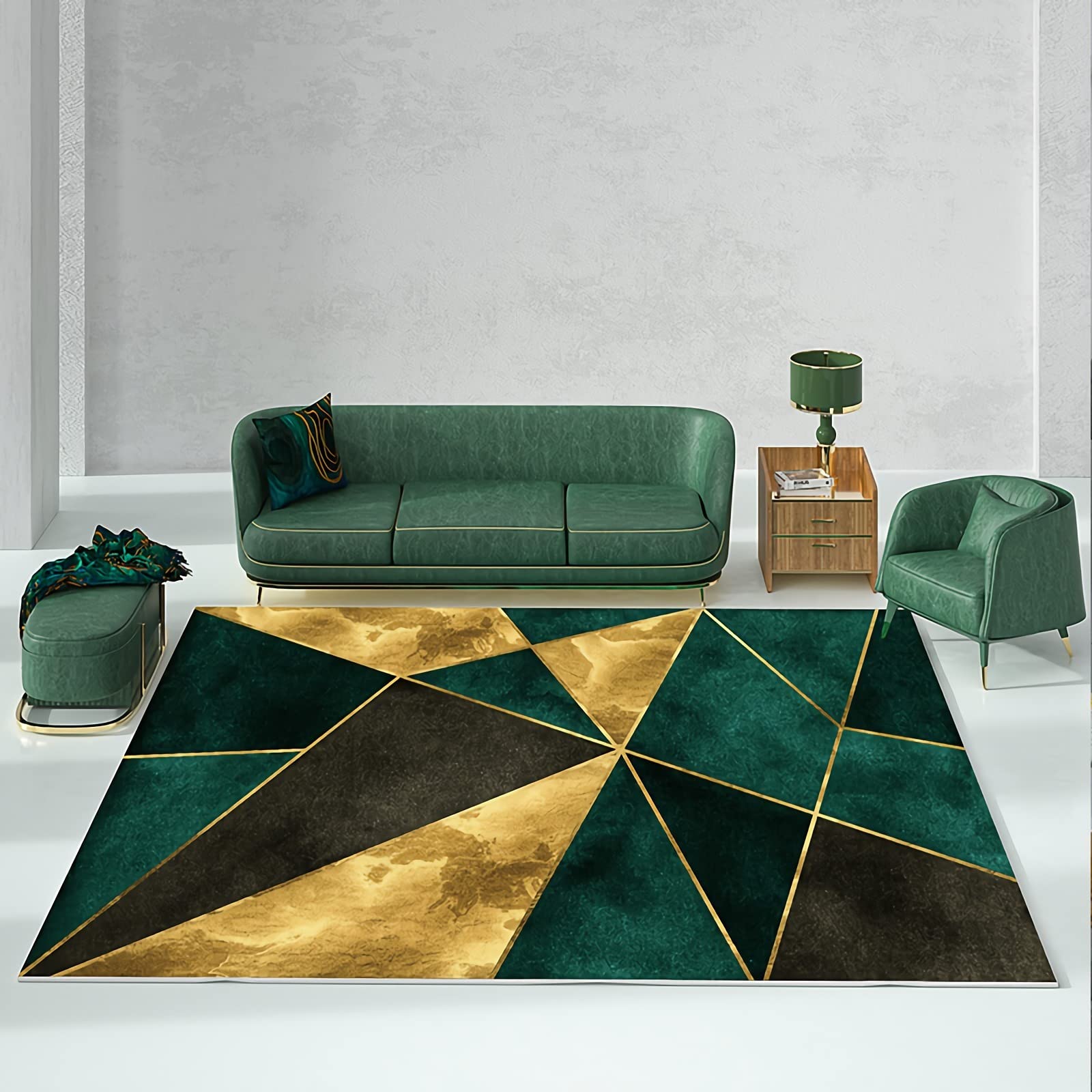 Tapis insonorisation de chambre moderne avec motifs géométriques vert et or