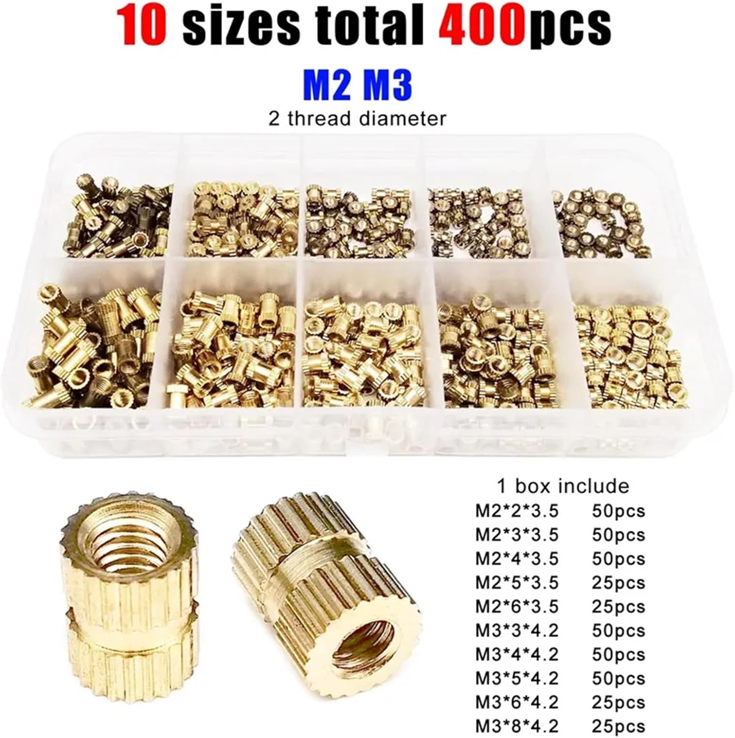 Split Bolt Wire Connector 800/1600pcs Injection Molding Knurl Insert Nut Embedded Nutsert Assortment Kit 10 Mix Size M2 M3(2 * 400PCS)