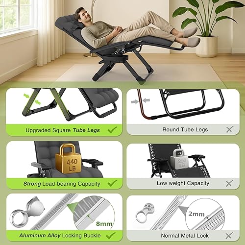 Miniatura 17 de Suteck Zero Gravity - Silla reclinable de camping con cojín extraíble, bloqueo mejorado y soporte para tazas, sillas reclinables de patio Negro