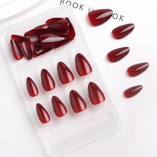 Miniatura 3 de Uñas postizas medianas a presión color rojo vino almendras, uñas acrílicas de gel rojo borgoña, kit de uñas postizas brillantes y brillantes,