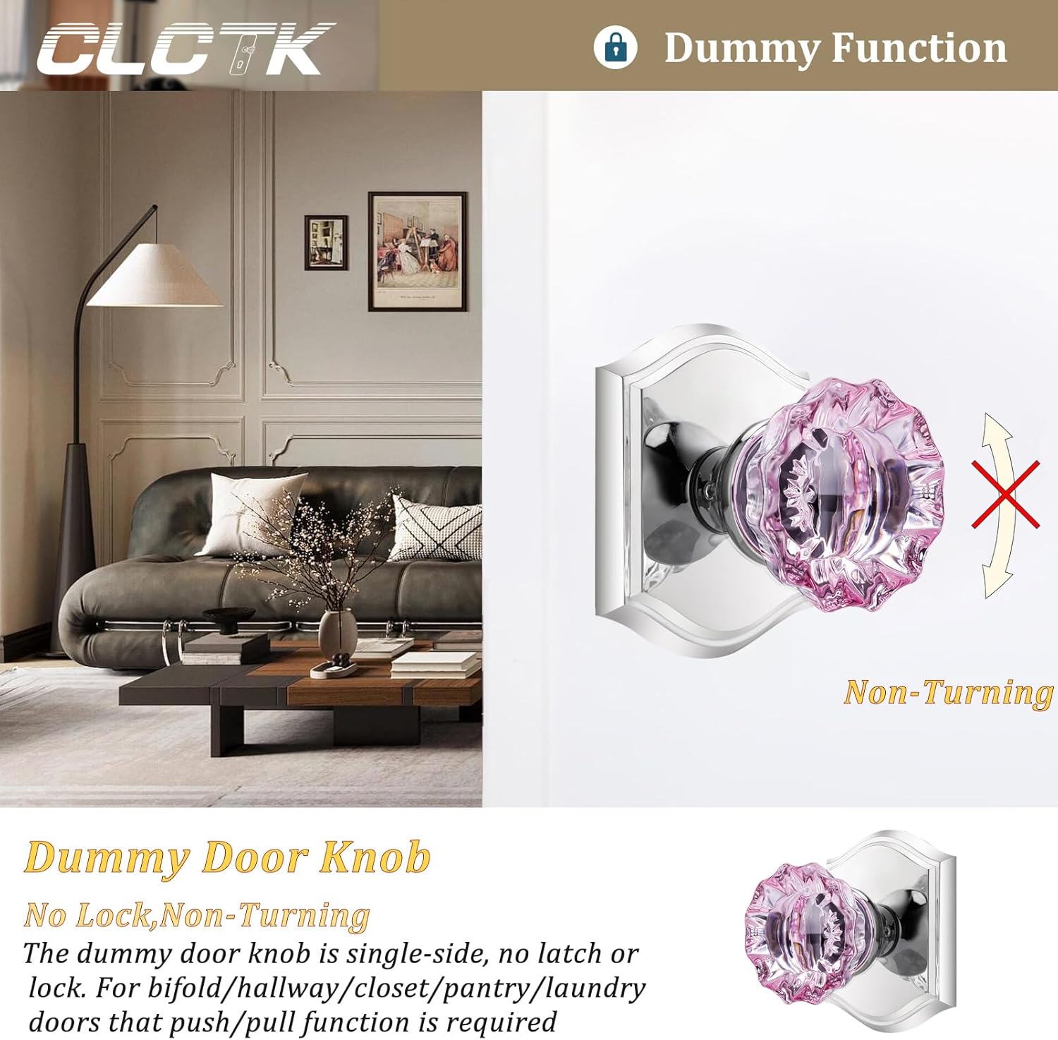 Pink Crystal Glass Dummy Door Knob, Polished Chrome Closet Bifold Dummy Door Handles Non-Turning Single Side, 2 Pack