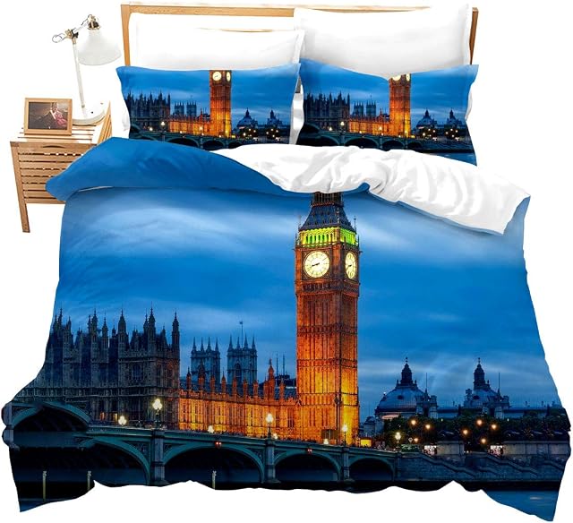 Loussiesd The Big Ben Comforter Cover Set King Size Modern London Themed Duvet Cover 3D City Scenery Bedding Set Blue Cityscape Bedspread Cover with 2 Pillow Shams Microfiber Bed Cover Zipper