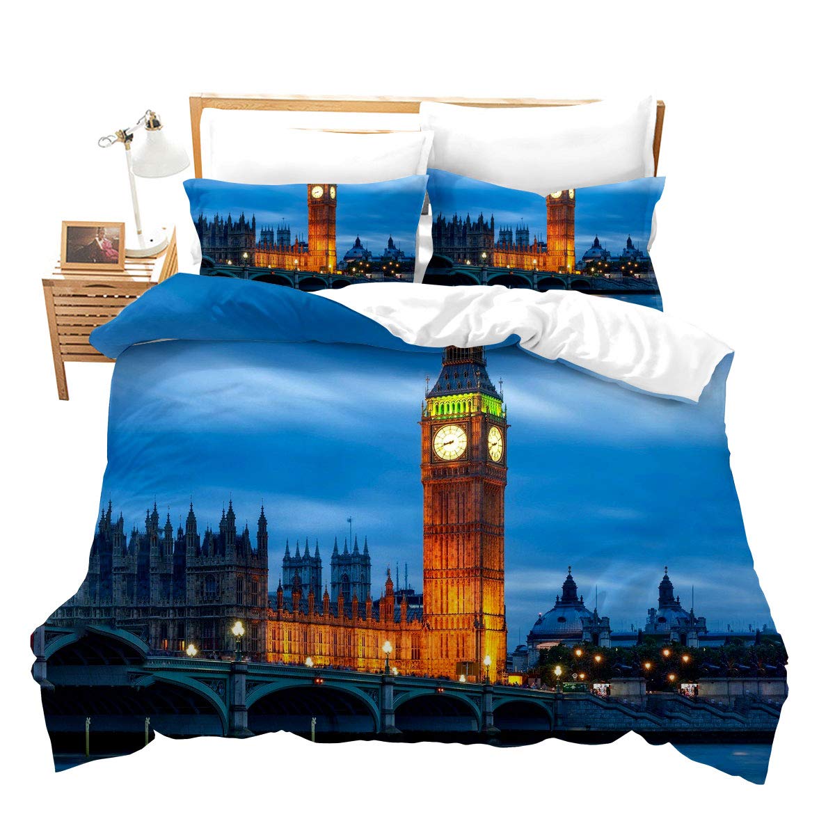 Housse de couette Londres Big Ben King Size bleu ciel de lit paysage urbain 3D avec taies