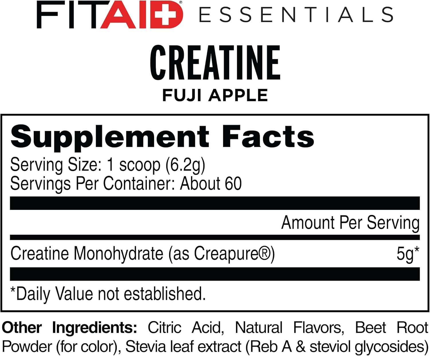 FITAID Creatine Monohydrate Powder, CreaPure, Fuji Apple, ATP Production for Weightlifting, Running, Naturally Flavored, Smooth-Mixing, Easy on Stomach, Resealable, 60 Servings