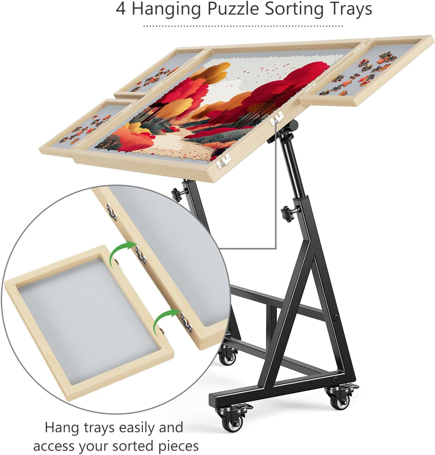 1500 Piece Jigsaw Puzzle Table with Legs, 36.61"x28.74" Adjustable Puzzle Table, 4 Hanging Trays, Puzzle Board with Wheels and PVC Cover for Adults and Families