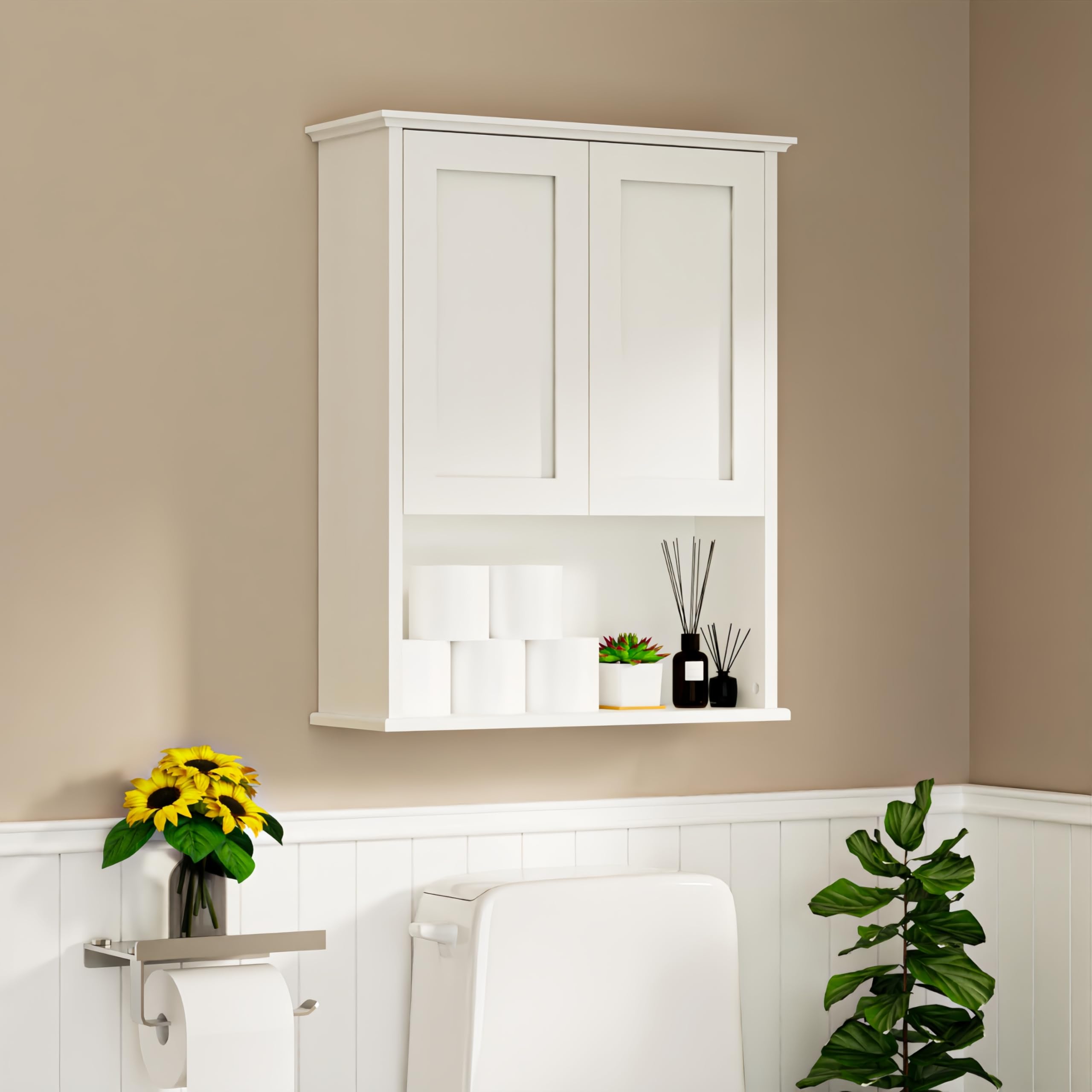 Over The Toilet Storage Cabinet - Wall Mounted Bathroom Cabinet with Fixed Shelves, Easy Assembly, Sturdy Frame, Waterproof Painted & Moisture-Resistant Surface, Space-Saving Storage, White