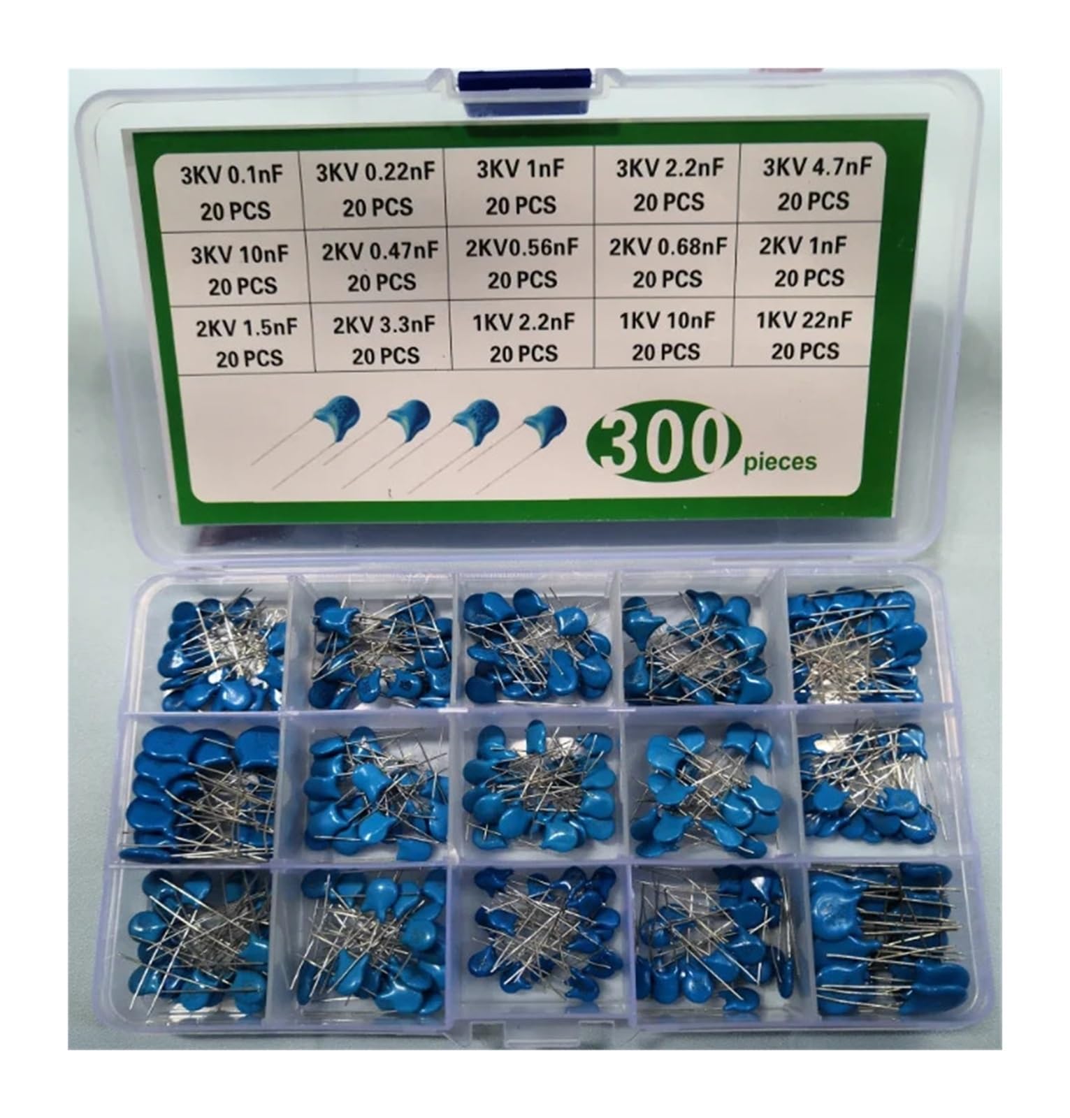 ICXLPMC 300Pcs=15Value* 20pcs Ceramics Capacitor Kit High Voltage 0.1/0.22NF 101/102/103/152/221/222/223/332/471/472/561/681 3KV 2KV 1KV