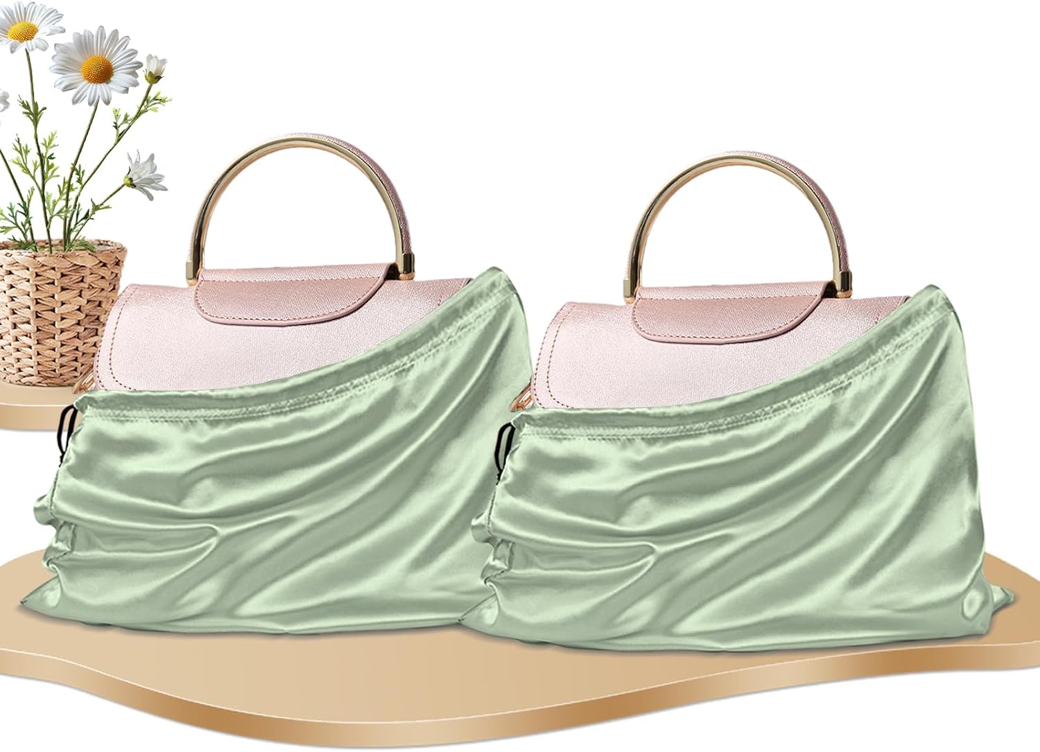 RUDONG M 2 Pack Satin Dust Bags for Handbag, Silky Cover With Drawstring, Sage Green Purse Storage, Travel Pouch for Clothes and Shoes