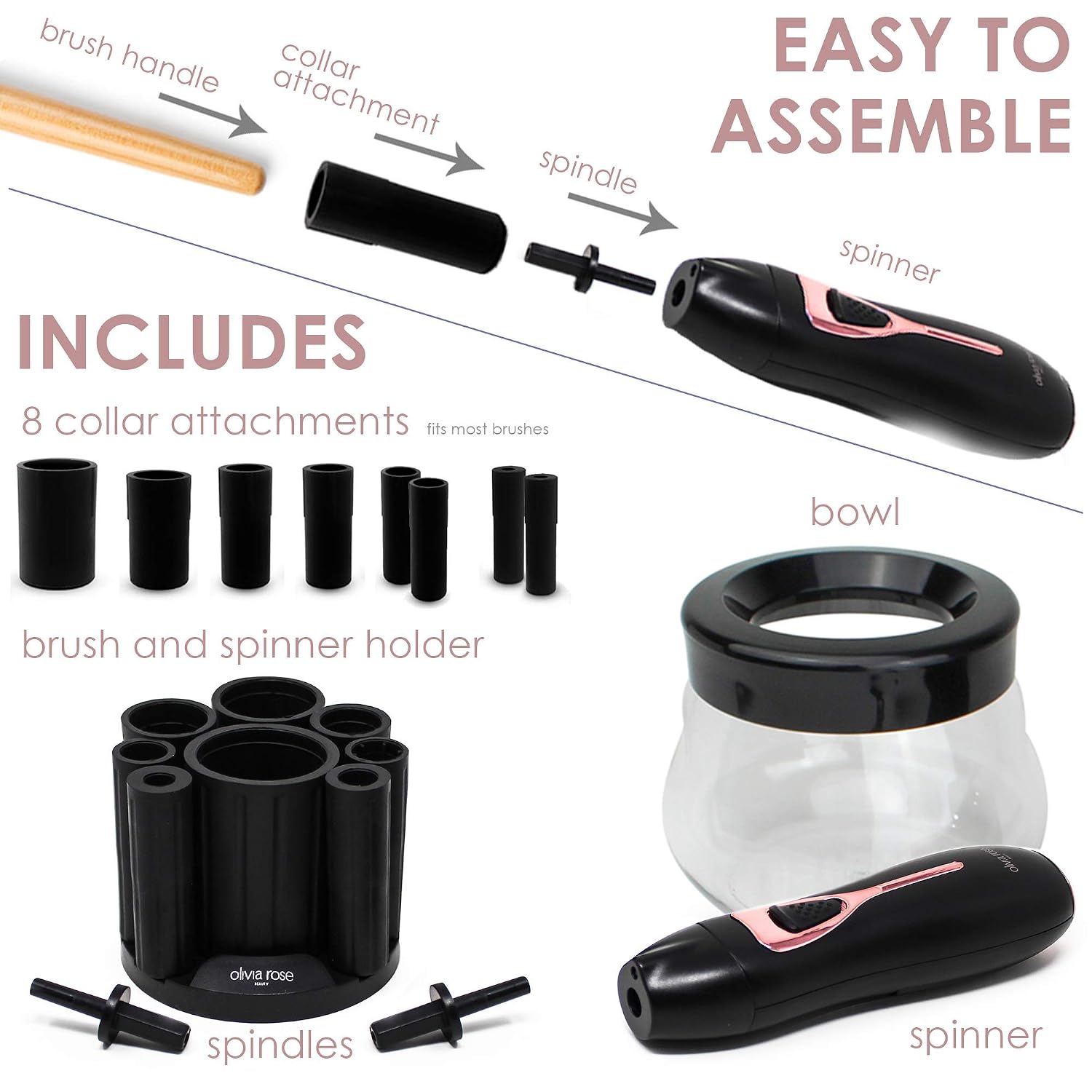 Olivia Rose Electric Makeup Brush Cleaner Spinner, Deep Cosmetic Brush Cleaner with 8 Size Rubber Collars (Black)