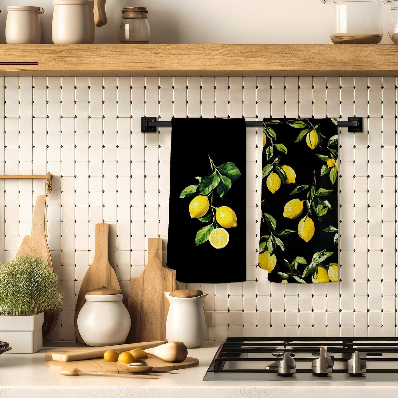 HIWX Black Lemon Kitchen Towels, Lemon Themed Gifts for Women Decorative Kitchen Dish Towels, Summer Fruit Hand Towel for Bathroom Decor, Lemons Bathroom Decor, 16x24 Inches Set of 2