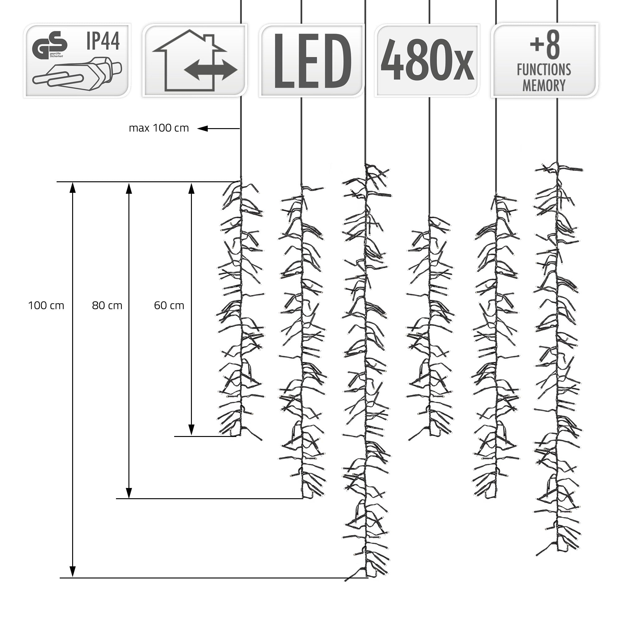 ECD Germany LED Lichtervorhang mit 480 LEDs, Warmweiß, Lichterkette Lichternetz mit 8 Modi und Timer, 6 Strängen, Strombetrieben, Innen- und Außenbereich IP44, Weihnachtsbeleuchtung Eiszapfen Eisregen