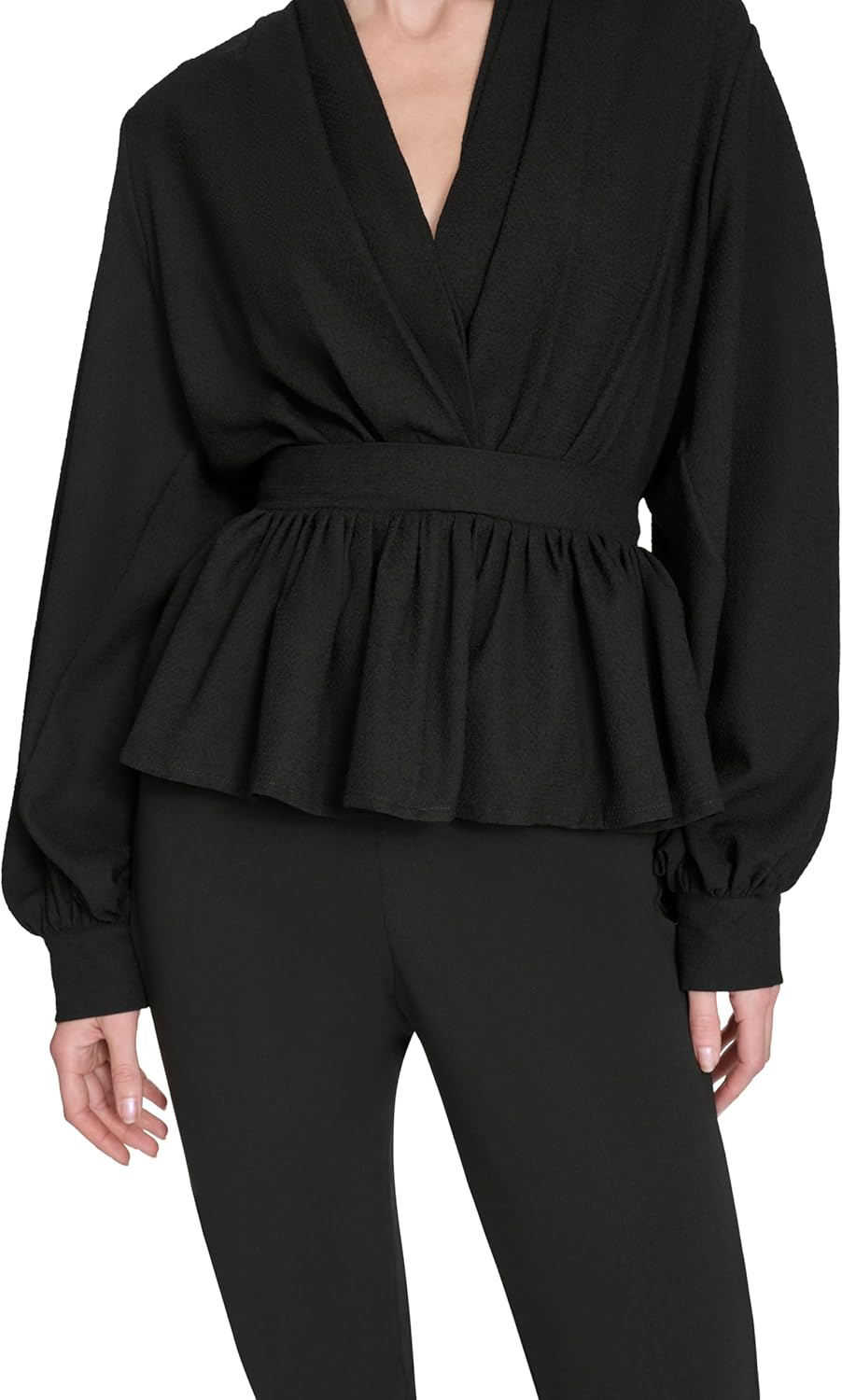 Halston Womens Long Sleeve Bishop Sleeve Cinched Waist Draping V Neck - Image 5
