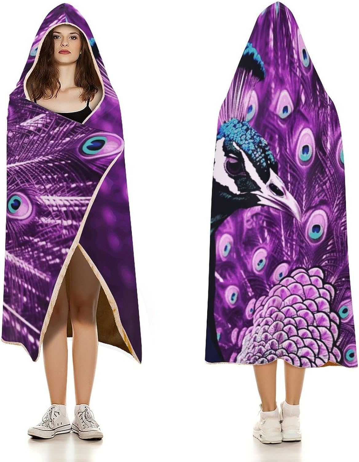 Purple Peacock Wearable Fleece Blanket with Hood for Men & Women Oversized Hoodie Blanket Soft Cozy Gift-