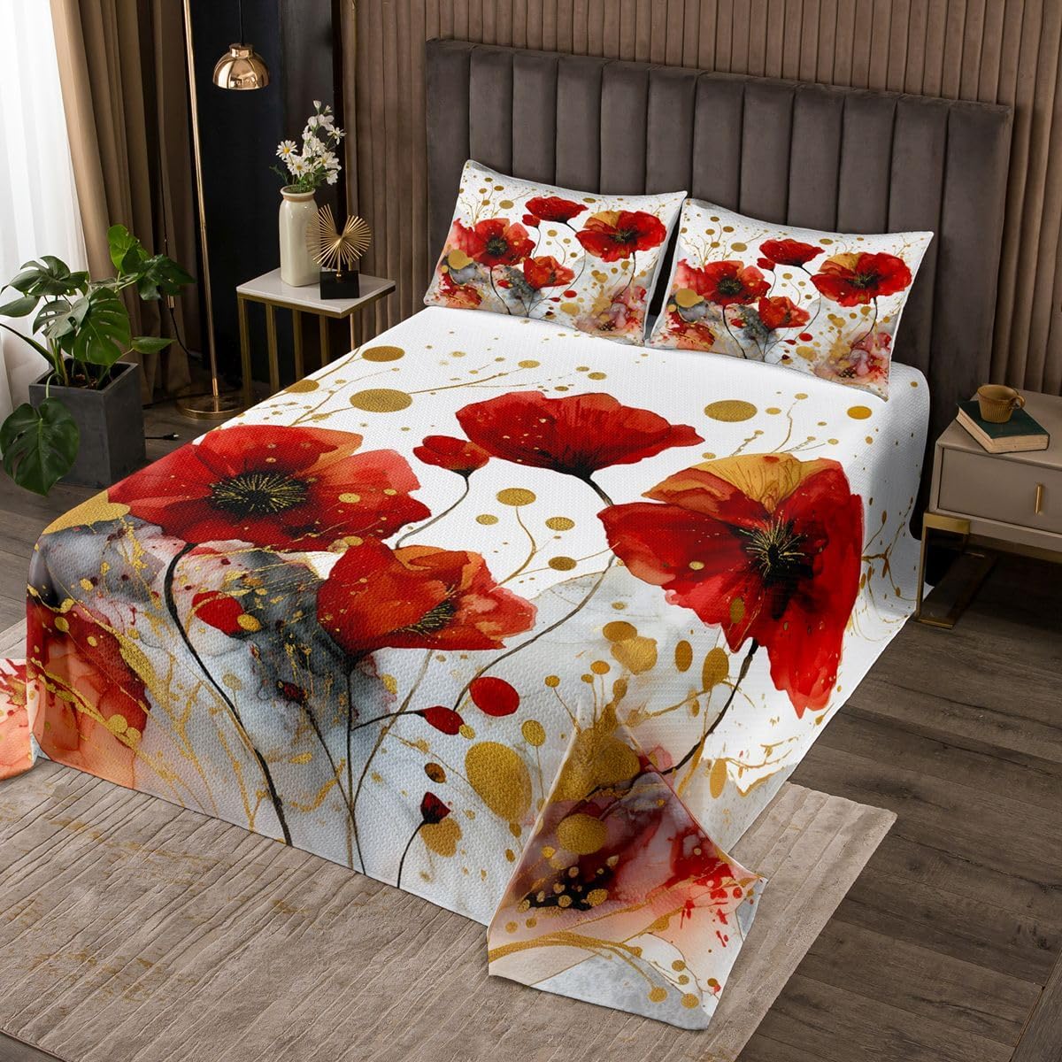 Homewish Red Poppy Flower Bedspread Queen Size,Marble Pattern Bedding Set 3Pcs for Kids Teens Adult Room Decor,Gold Graffiti Comforter Set Luxury Modern Quilt Coverlet,2 Pillowcases