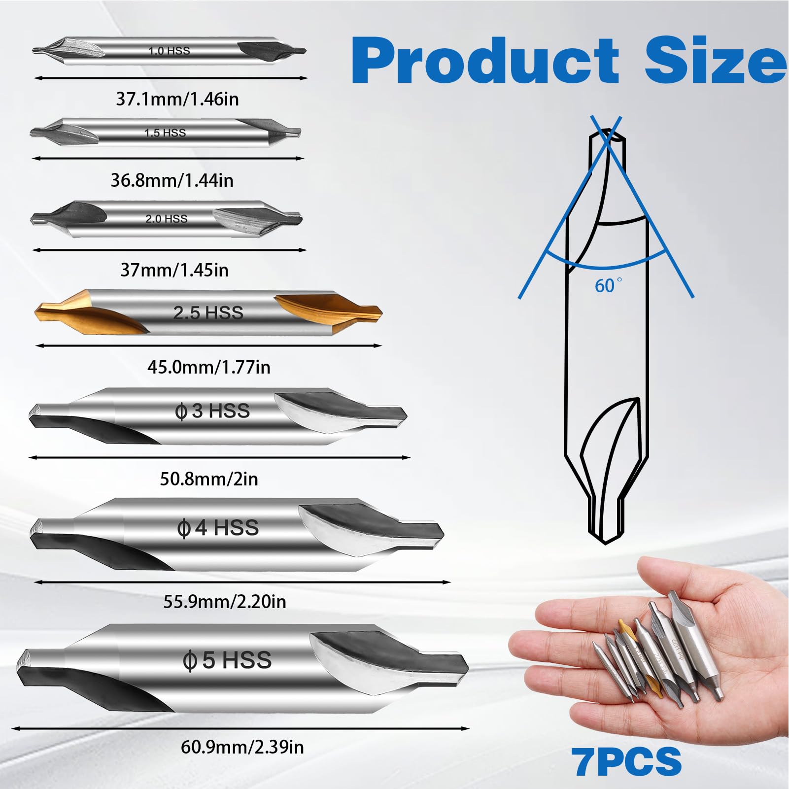 7 Center Drill Bits Set(1/1.5/2/2.5/3/4/5mm) M2 High-Speed Steel 60-Degree Angle Centre Drill Bits Kit Countersink Tools for Lathe Metalworking self-Centering Precise Hole Positioning - Image 3
