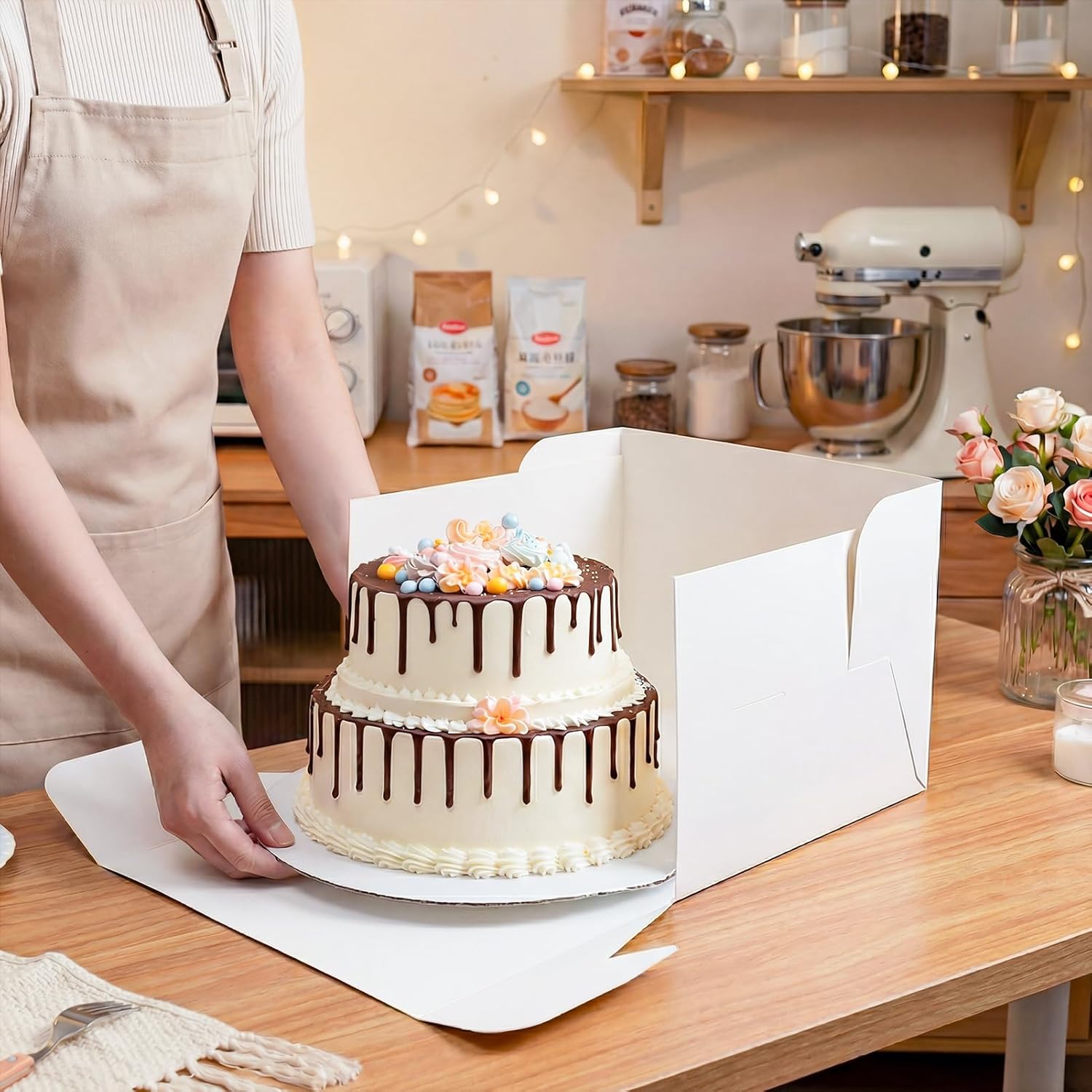 Arttown 20pcs Cake Boxes and Cake Boards,12x12x8 Inches Tall Multi-Layer Cake Box with Window White Square Cardboard Bakery Boxes for Cookies Pies Cupcakes Pastry-Wedding,Birthday,Party Decorating