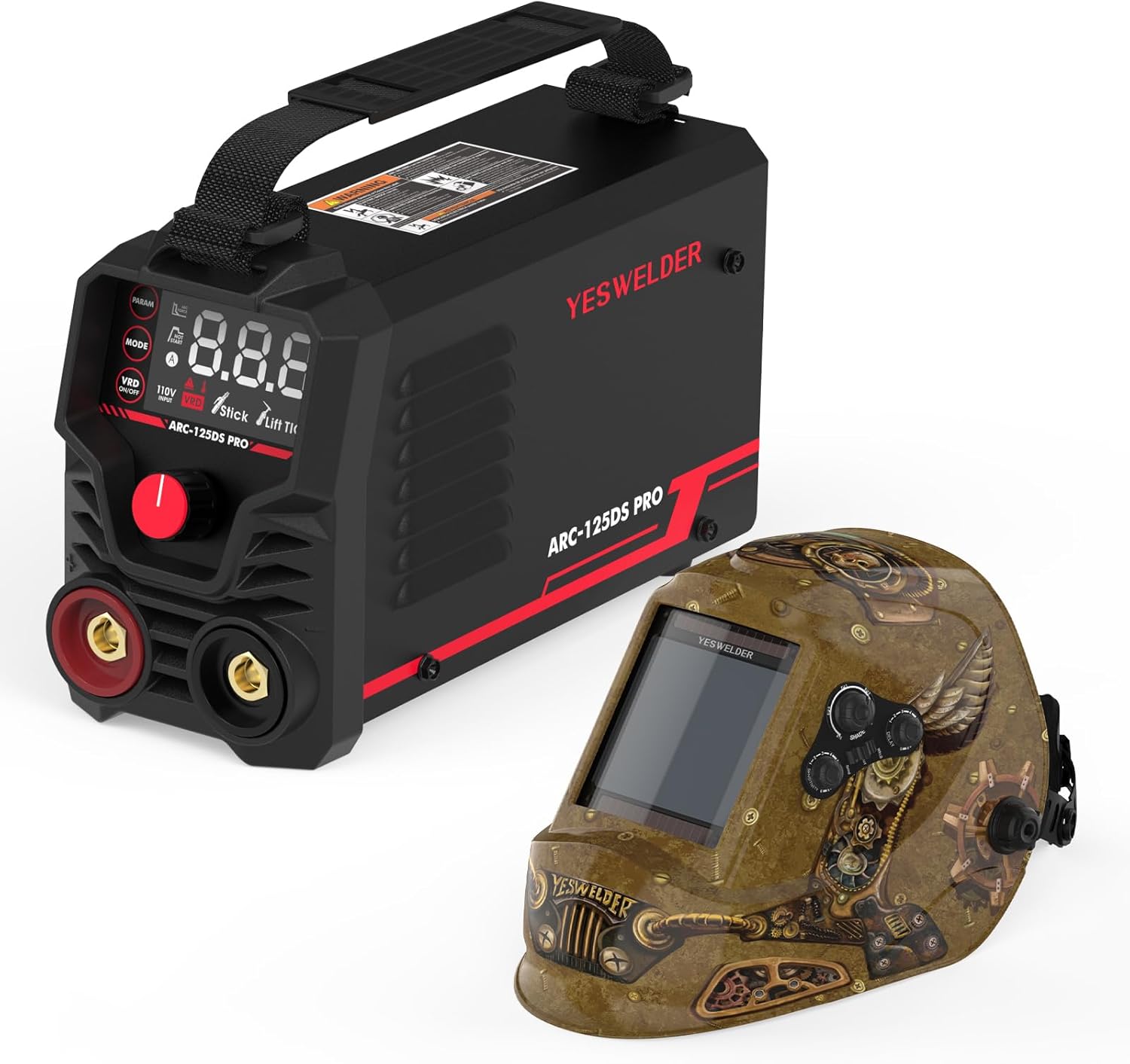 YESWELDER Stick Welder 125Amp Large LED Display Digital 110V ARC Welder & Large Viewing Screen 3.93"X3.66" True Color Solar Power Auto Darkening Welding Helmet, 4 Arc Sensors Welder Mask