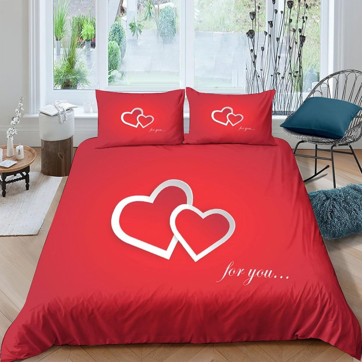 Housse de couette 240 x 260 cm avec motif cœur rouge et deux taies d'oreiller pour lit 2 personnes