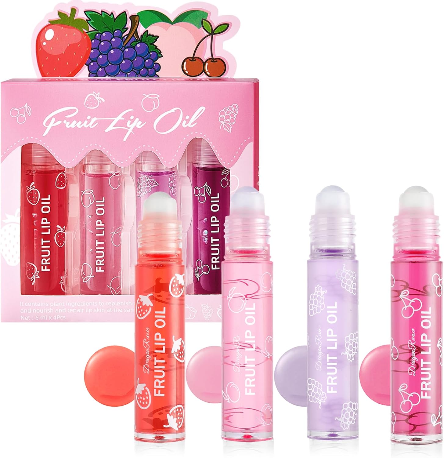 Lip Oil Set,4Pcs Roll On Lip Oil Hydrating Lip Gloss Set,Fruit Liquid Lipstick, Moisturizing Lip Balm Long Lasting Lip Glow Oil Lip Care Lip Mask,Fruity Flavors, Friendly, Party Gift,Women
