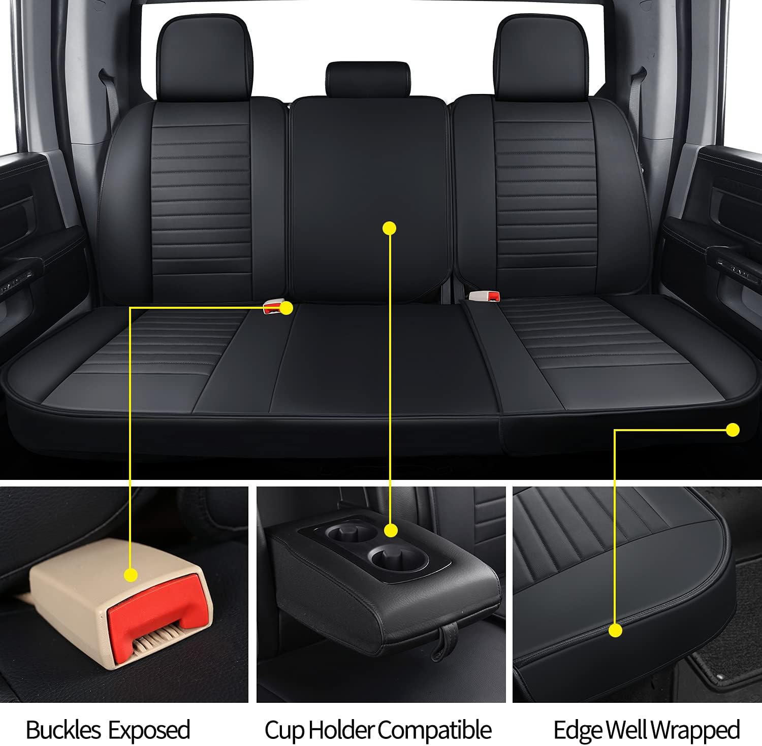 LUCKYMAN CLUB X02-BHX Rear-only Seat Covers for Selected 2011-2025 2026 Crew Quad Cab Ram Truck 1500 2500 3500,Fit 60/40-Split Flat Back Bench Seat, with Waterproof Faux Leather (02-Rear, Black)