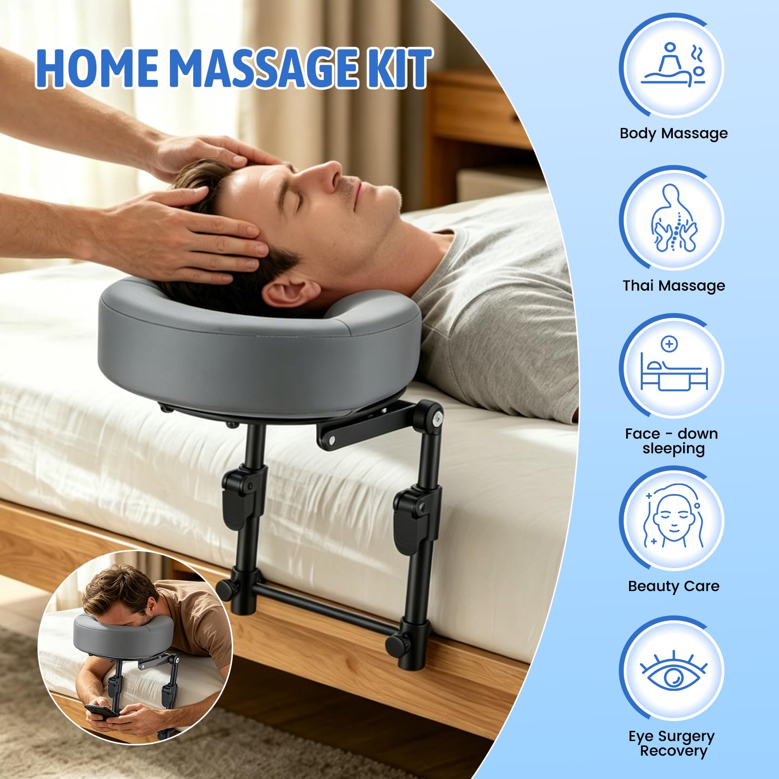 Reposacabezas de masaje para cama con marco y almohadilla ajustable, Soporte para colchón 14-45cm, Posición boca abajo tras operación ocular, Soporte facial colchón para hogar y salón de belleza, Gris