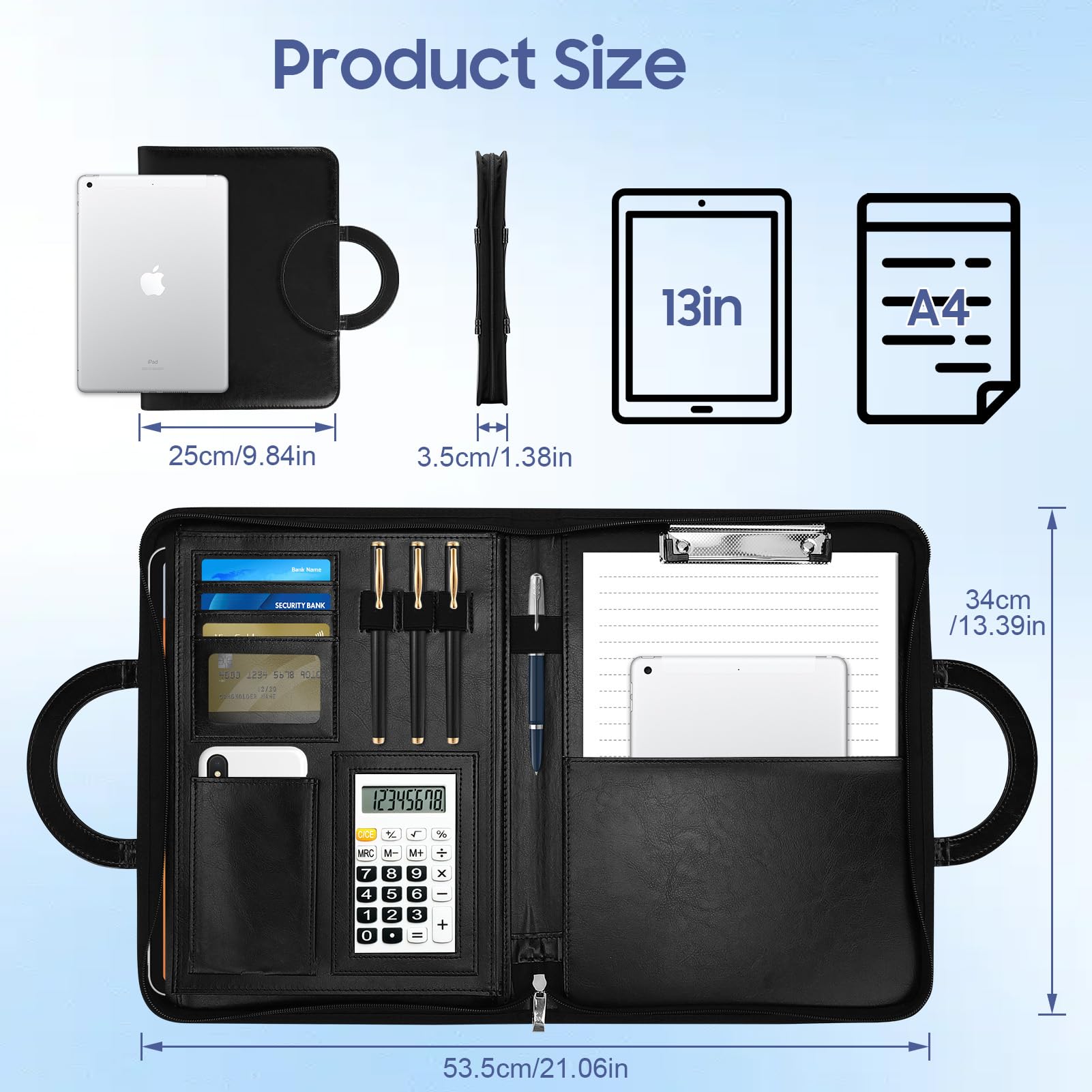 Cartella business in pelle vegana di alta qualità con chiusura lampo, organizer Padfolio per donna e uomo, mappa con scomparto per carte, blocco per appunti e scomparto per carte per affari, scuola e