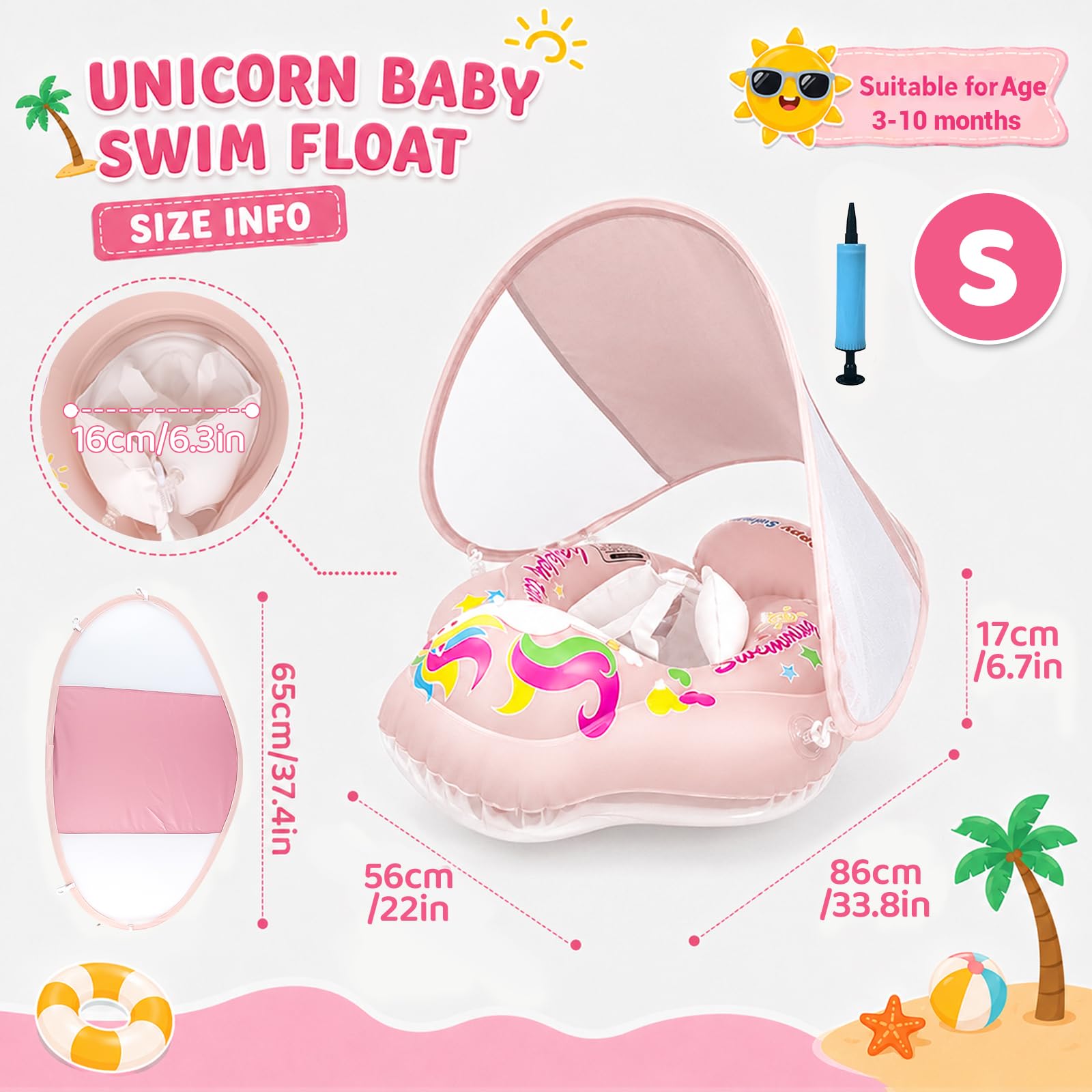 Flotador Bebé con Parasol, Baby Float Hinchable para Bebés de 3-72 Meses, Flotador Piscina con Arnés de Seguridad & Cámaras de Aire, Protección UV para Piscina y Playa