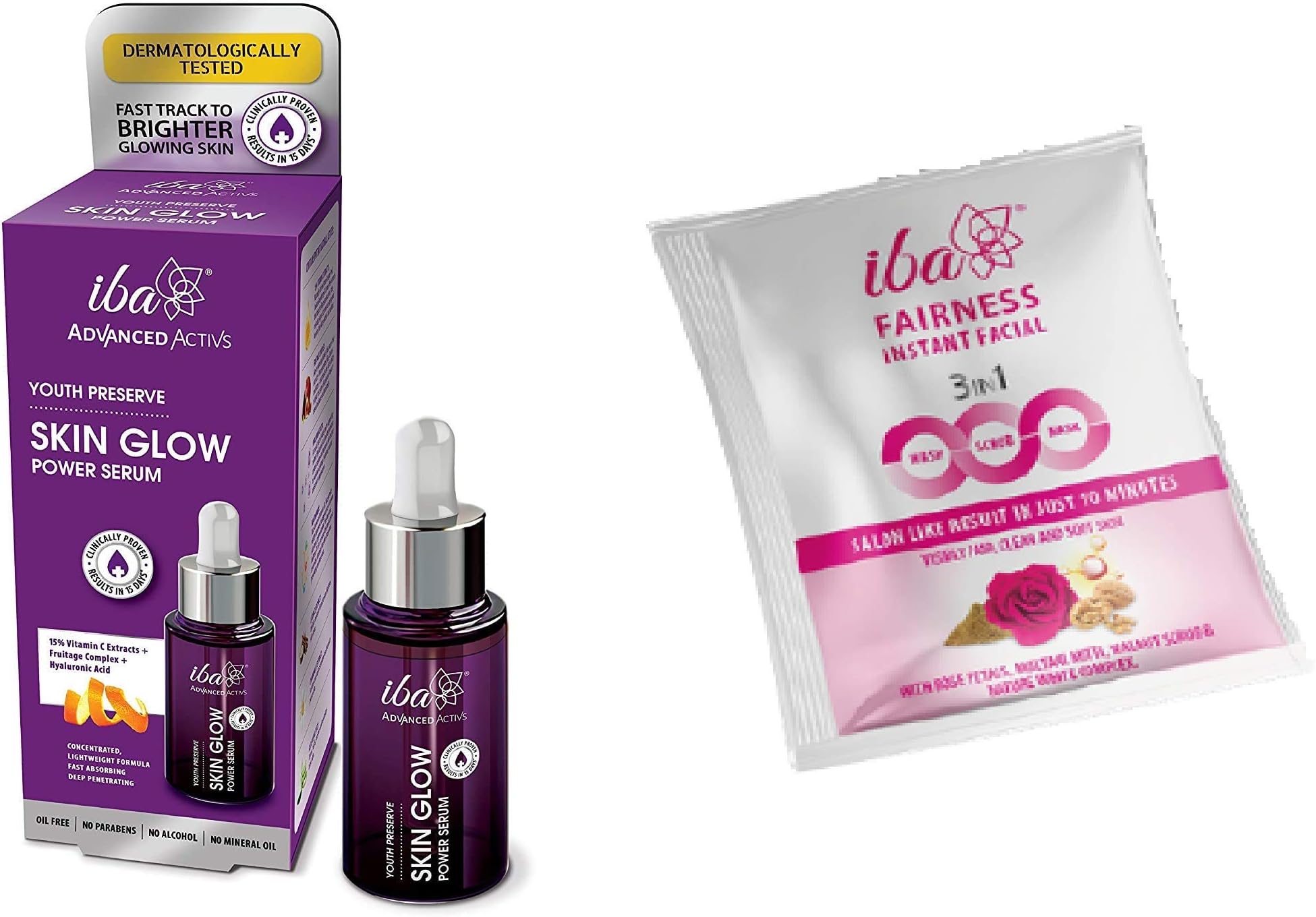 Iba Halal Care Advanced Activs Youth Preserve Skin Glow Power Serum, 30 ml + Free (Iba 3in1 Fairness Instant Facial, 7 gm