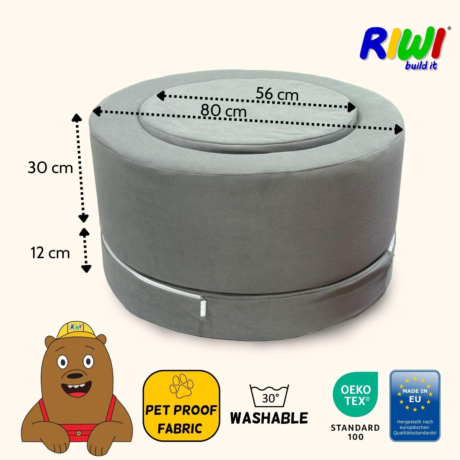 RIWI® Loop – Hellblau Premium (RCC202-27) | modularer Spielhocker für Kinder | 3-in-1 Sitzmöbel, Spielgerät & Bauobjekt | weich, sicher & waschbar
