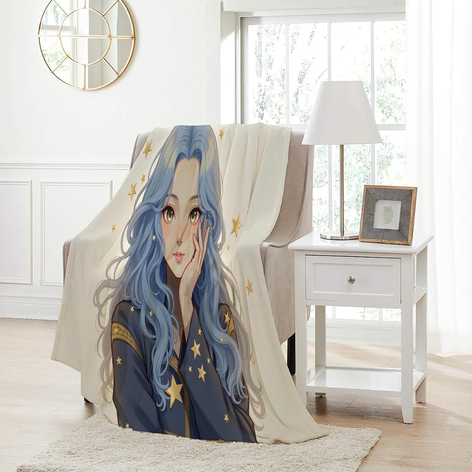 Cute Star-Shaped Beauty Throw Blanket, Lightweight Warm Anime-Style Illustration Flannel Blanket, Home Decor and Gifts, Beige Soft Cozy Blankets for Women Kids, 50"X60" for Bed Couch Travel image 3