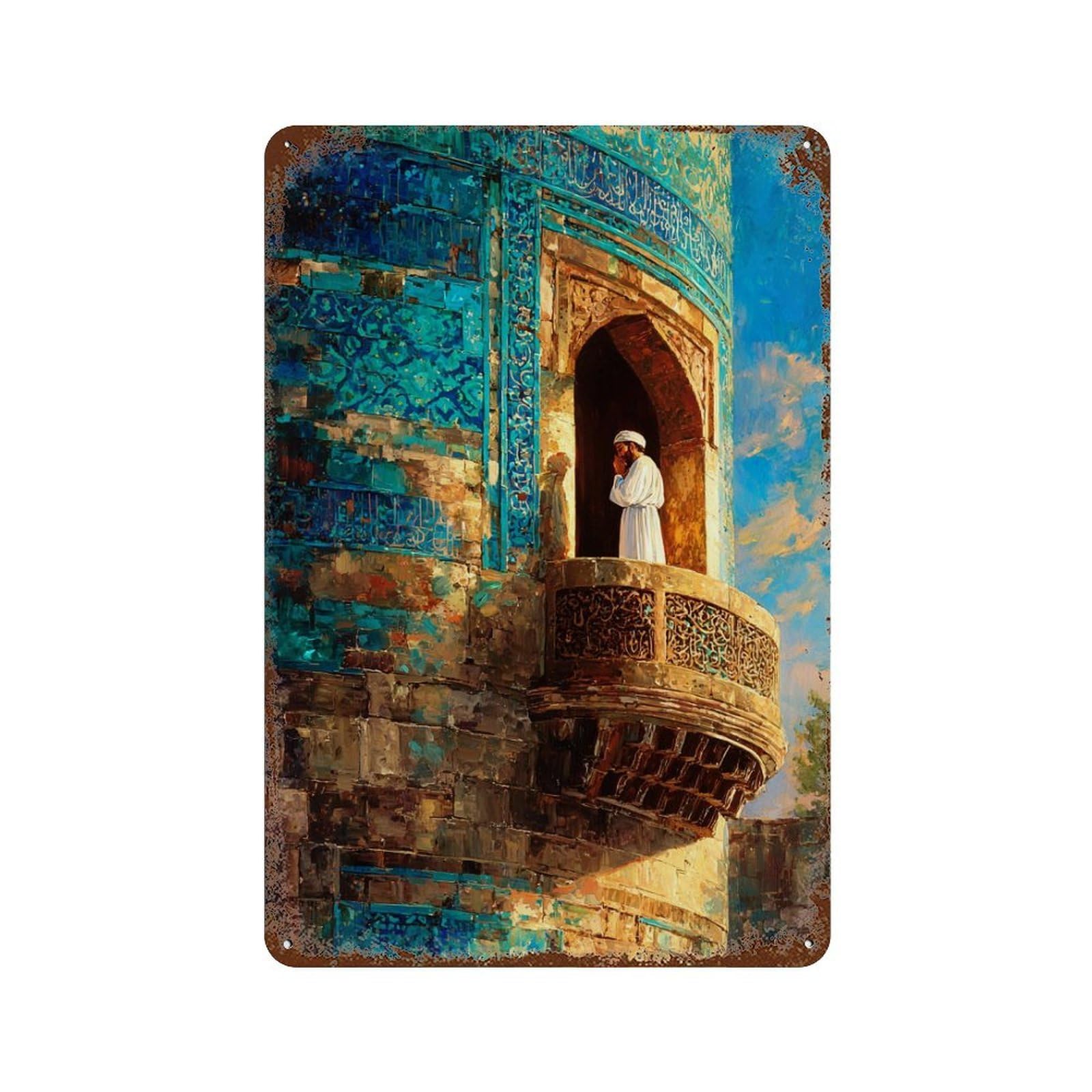 Garage Style Arabic Architecture Balcony Scene Rusty Metal Tin Sign 11.8"x7.9", Classic Wall Plaque for Bar And Workshop